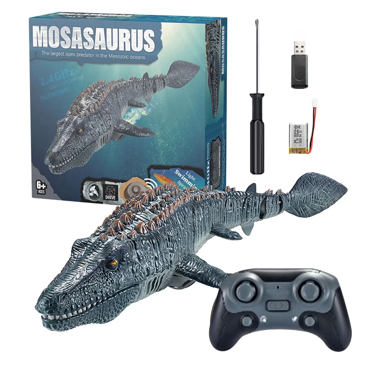 Mosasaurus - Dinosaurus Nuoto Rc, Design telecomandato, funzione di spruzzatura della luce, struttura impermeabile, gioco da bagno, avventura in piscina | Giocattolo animale acquatico per enf