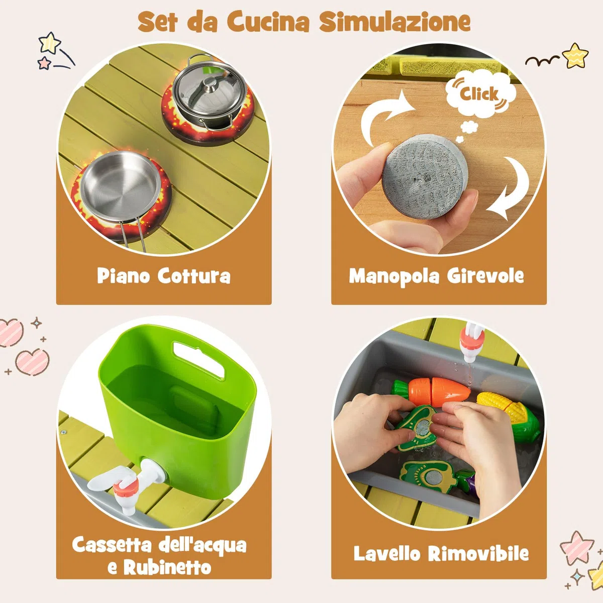 COSTWAY Cucina Giocattolo per Giardino in Legno di Abete, Cucina per Bambini con Serbatoio dell'Acqua e Lavello Rimovibili, 3 Ripiani Aperti, Funzione Suoni, per Bambini 3+ Anni (Naturale)