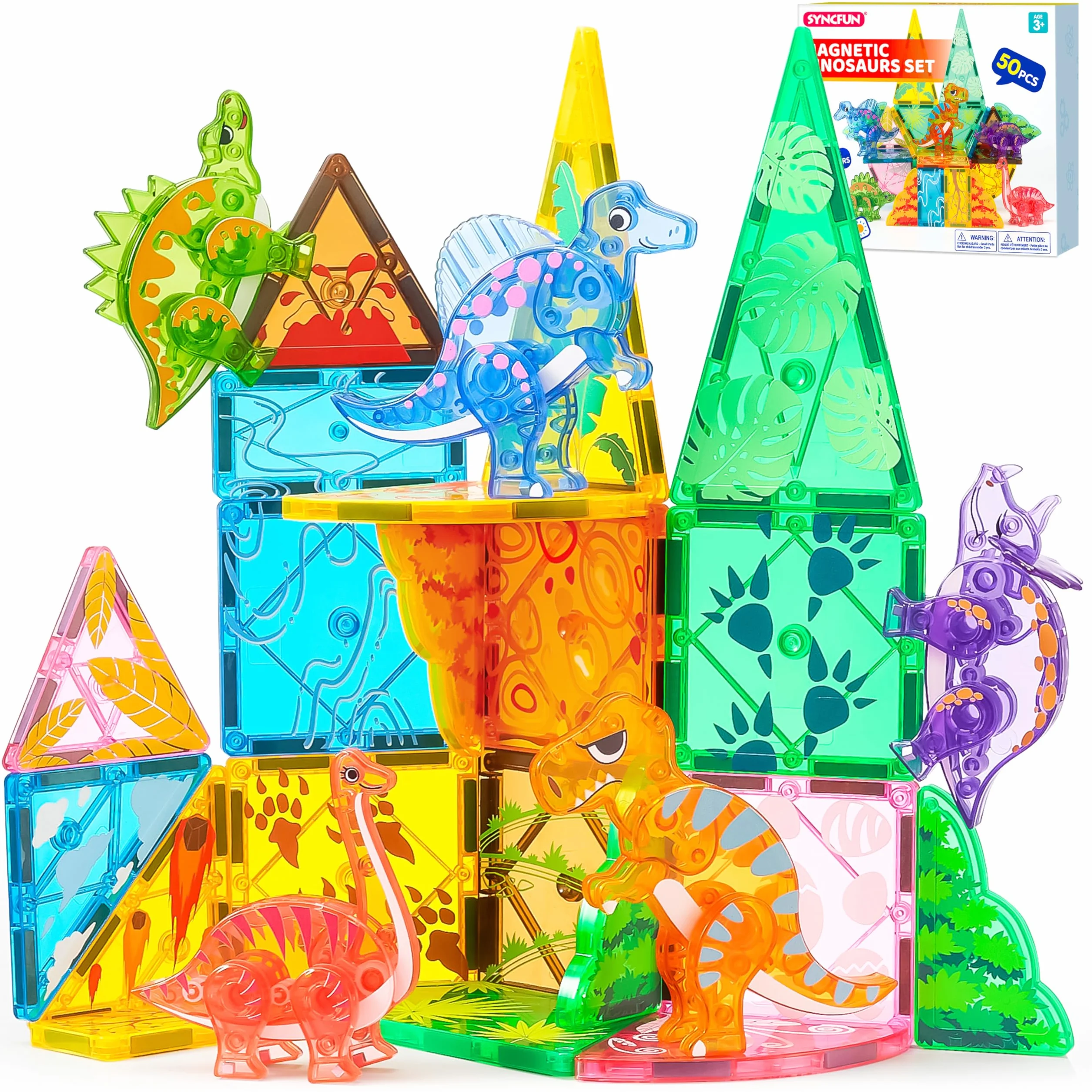 SYNCFUN Set di Magnetiche Giocattolo per Bambini, 50 Pezzi Dinosauri Blocchi da Costruzione Magnetici, Giocattolo Educativo per Bambini e Bambine da 3 4 5 6 7 anni, Regalo Compleanno Natale