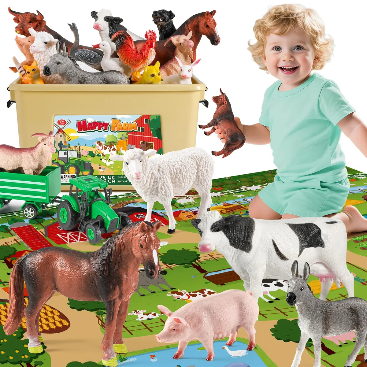 FRUSE Animali Giocattolo per Bambini con 120x80 cm Tappeto, 38 Pezzi Fattoria Animali Bambini con Fattoria Animali Figure,Trattore Giocattolo e Recinti, Giochi Educativo per Bambini 3 4 5 6 anni