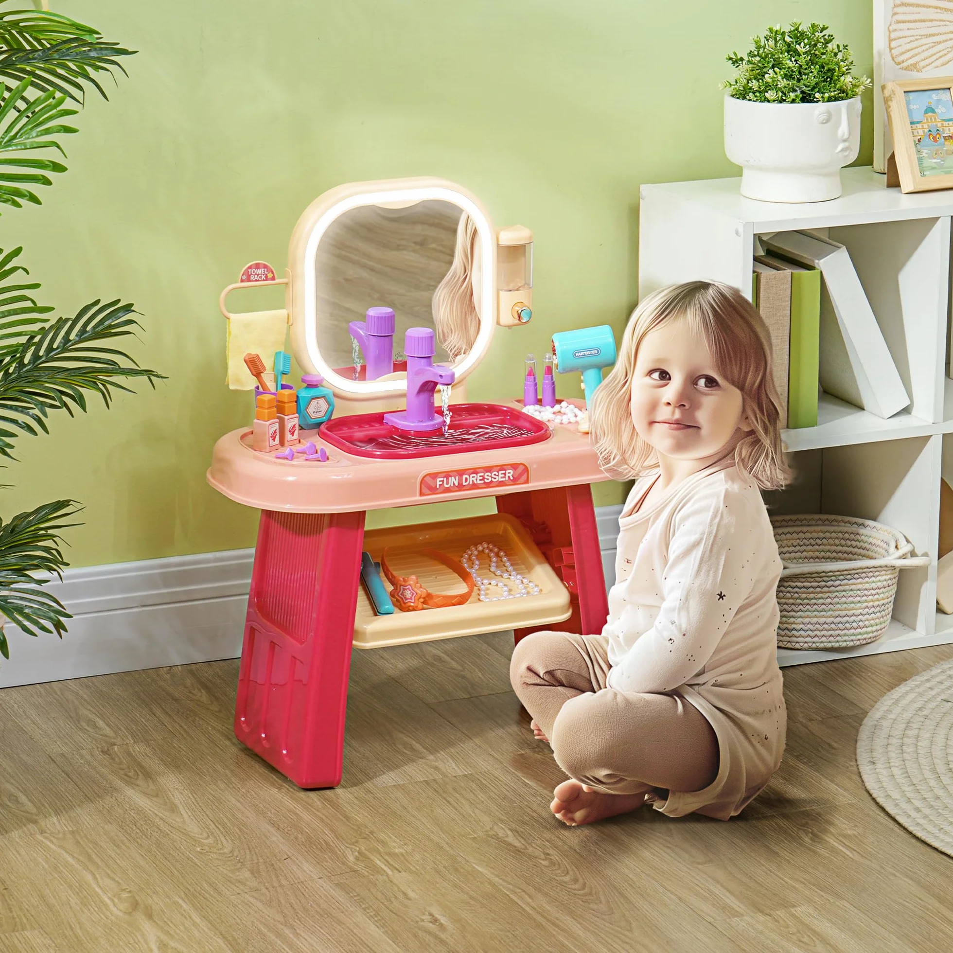 AIYAPLAY Tavolo Toeletta per Bambine 3-6 Anni con Specchio in Acrilico e Rubinetto, Gioco per Bambini in Plastica, 55x29x71 cm, Rosa