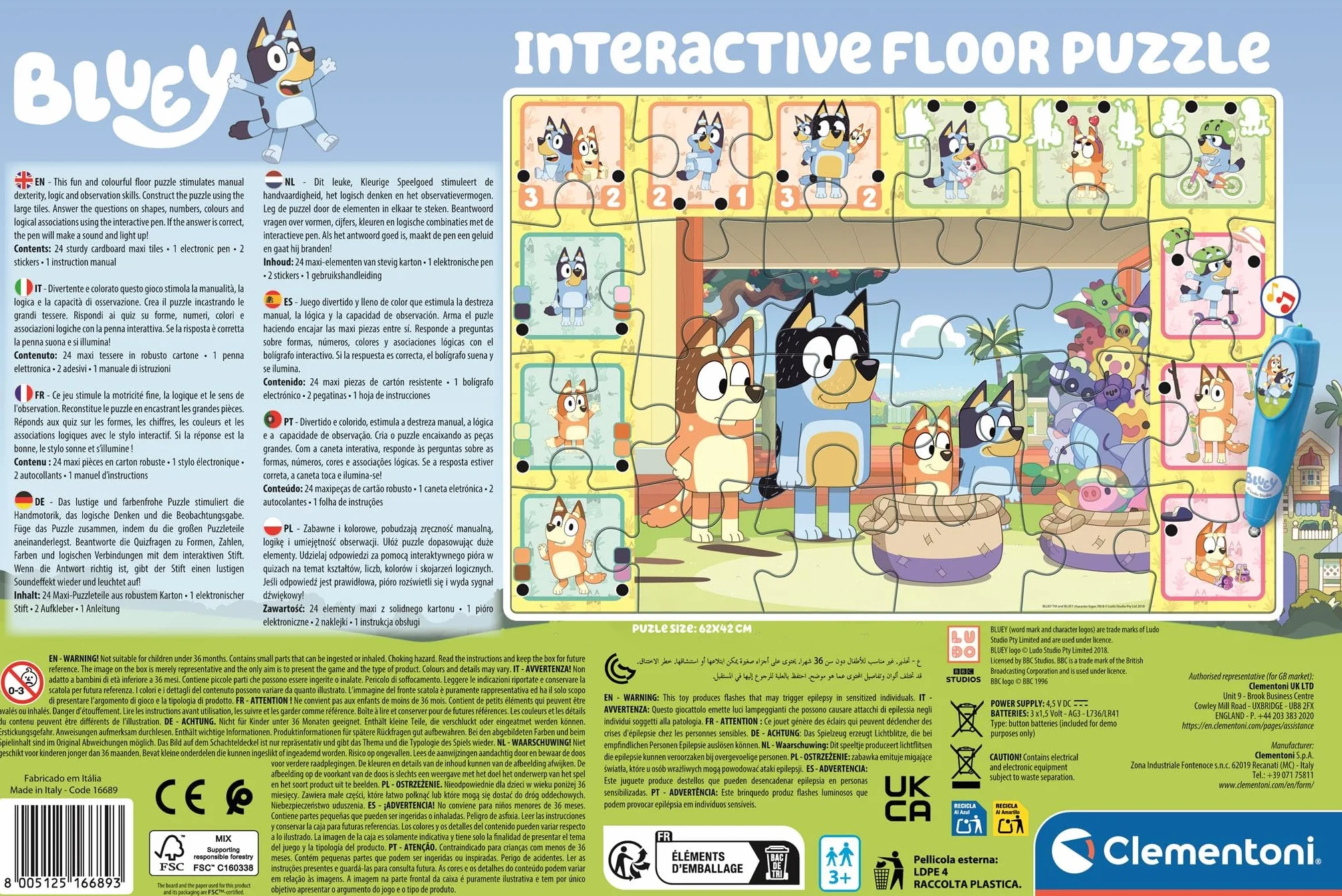 Clementoni Bluey 16689 - Puzzle interattivo con penna, gioco educativo per bambini dai 3 anni in su, 24 pezzi, 62 x 42 cm