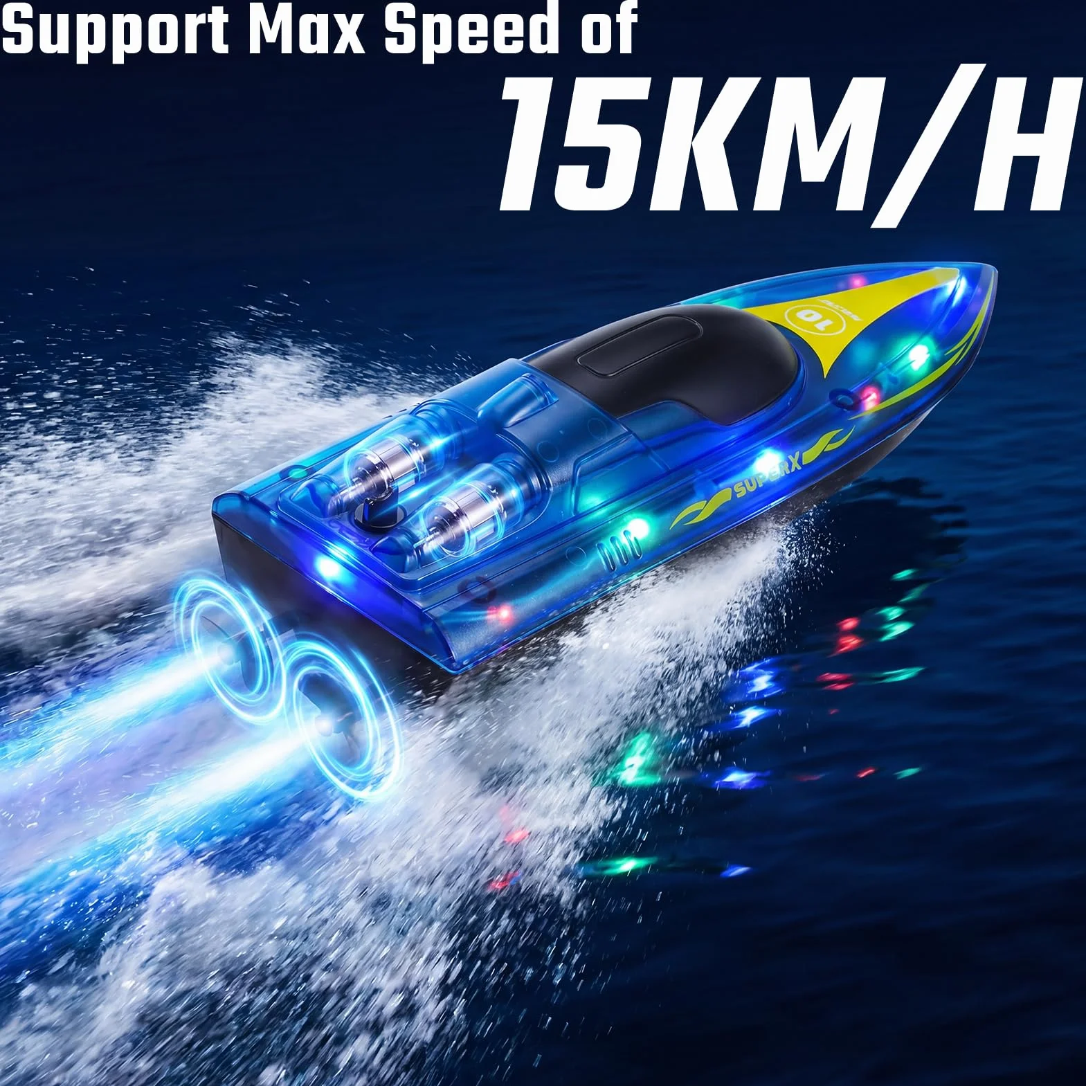 Barca Telecomandata, 2.4GHz Barca Radiocomandata, 15KM/H Motoscafo Telecomandato on Luce LED, 2 Batterie per 90 Min, Allarme Batteria, RC Boat per Piscine e Laghi, per adulti e bambini sopra i 14 anni