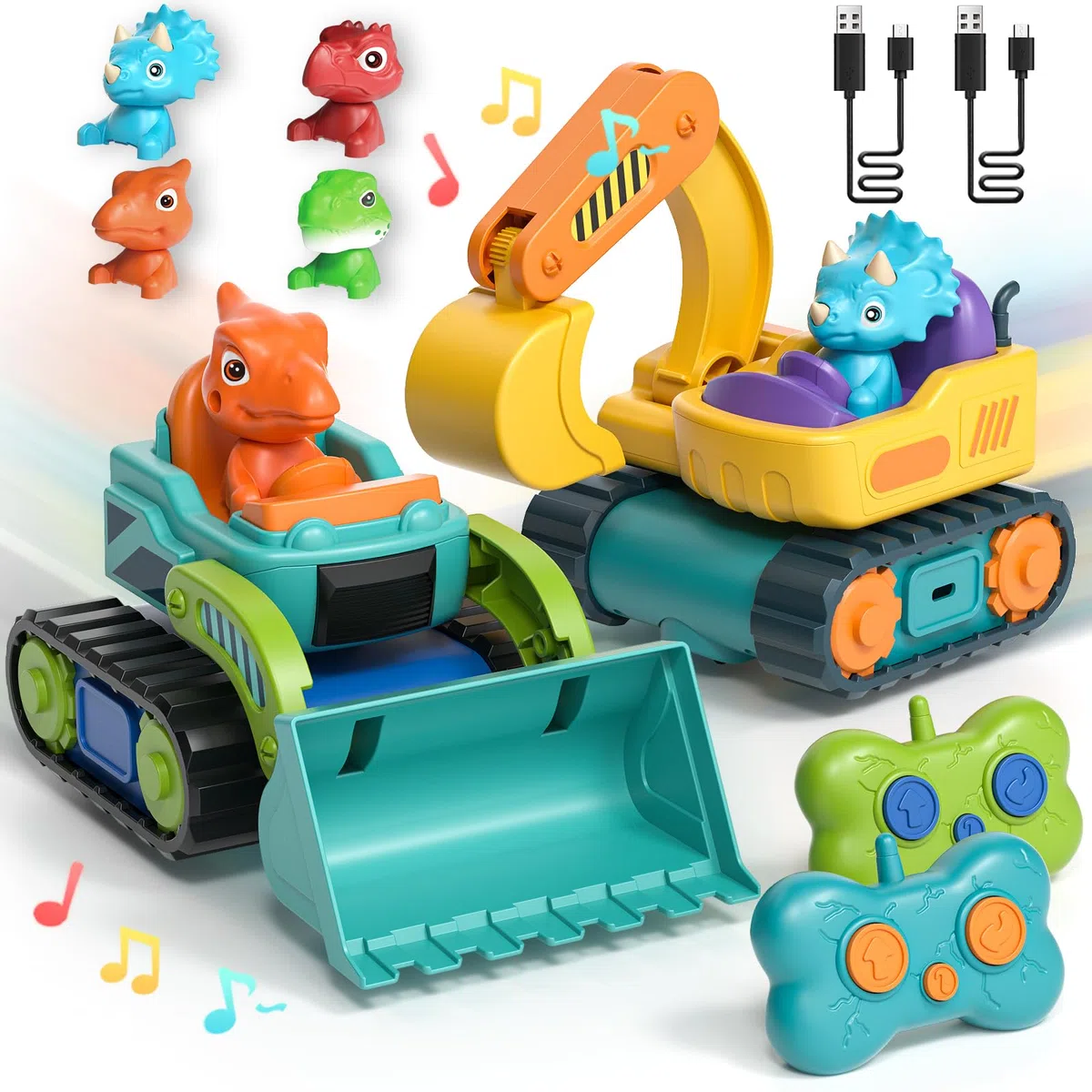 Giocattolo per ragazzi di 1 2 3 anni, giocattoli di dinosauro scavatore telecomandato per ragazzi, confezione da 2 giocattoli per bambini giocattolo RC auto camion con musica e suono