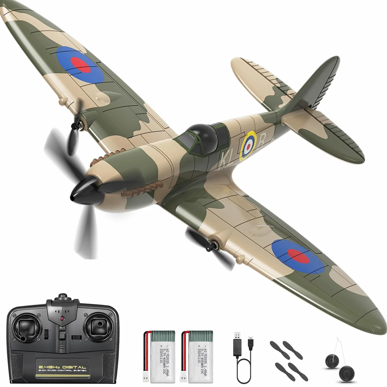 HAWK'S WORK Aereo RC a 3 Canali Spitfire Fighter, Elicottero da Guerra Telecomandato Pronto a Volare, Stabilizzatore Giroscopico a 6 Assi a 2.4GHz, Facile da Pilotare per Bambini e Principianti