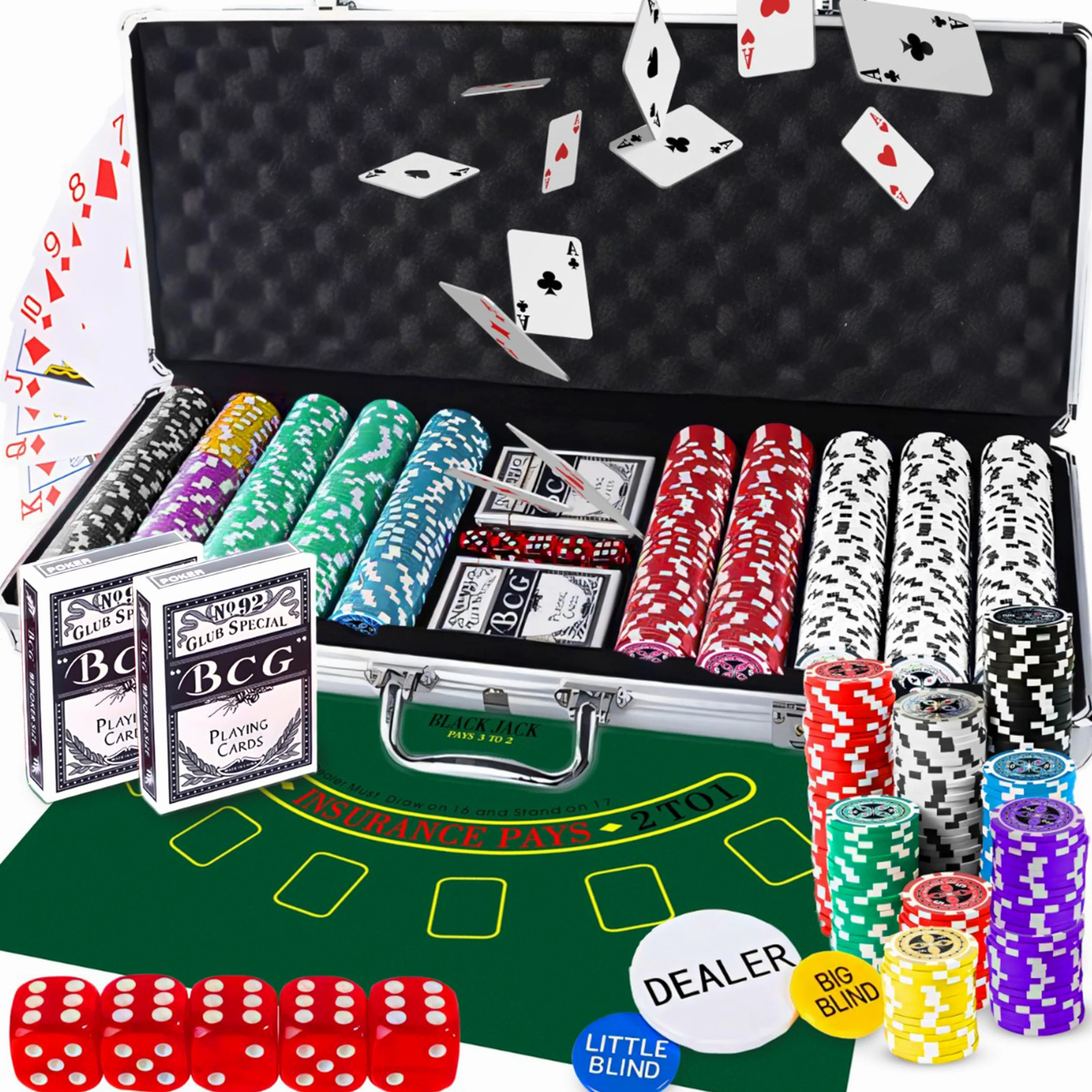 Retoo Set da poker da 500 chip in valigetta di alluminio, set completo da poker con 2 mazzi di carte da gioco, 5 dadi, 3 spacciatori – perfetto per Texas Hold'em, blackjack e serate da casinò