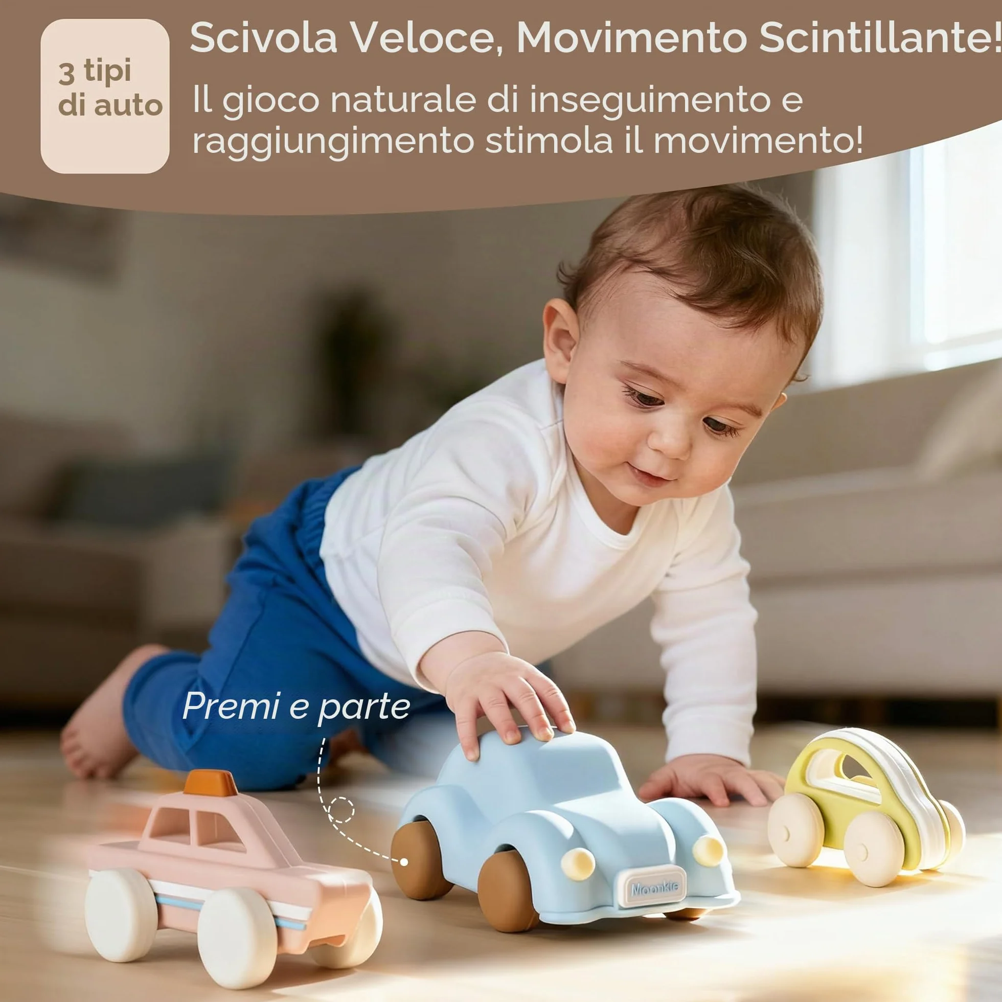 Moonkie Roll & Go Macchinine per Bambini, Set da 3, Regalo Bambino 1 2 3 Anno, Giochi Bambini in Silicone 6 Mesi+, Senza BPA, Massaggia Gengive Neonati, per Maschi e Femmine, Giochi Montessori