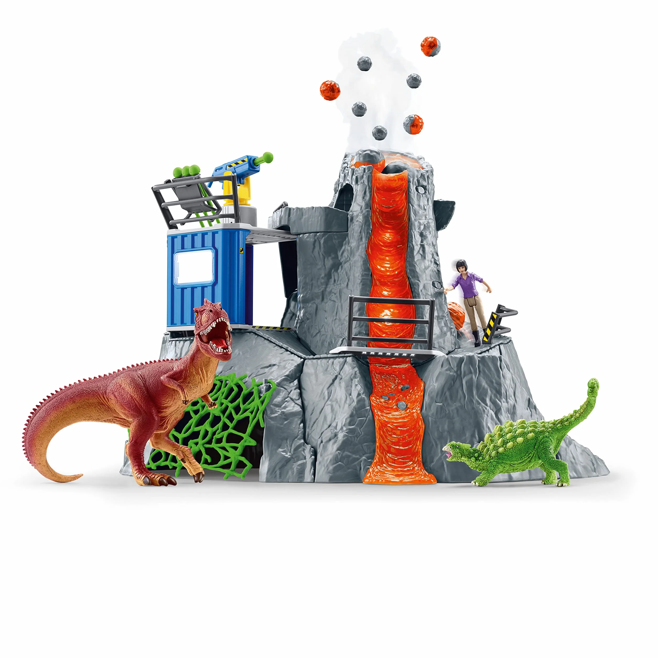 SCHLEICH DINOSAURS 42564 - Set di giocattoli a forma di dinosauro, con vulcano con luce LED e funzione di scoppio, figura ricercatrice e 2 figure di dinosauro, età consigliata: 5-12 anni