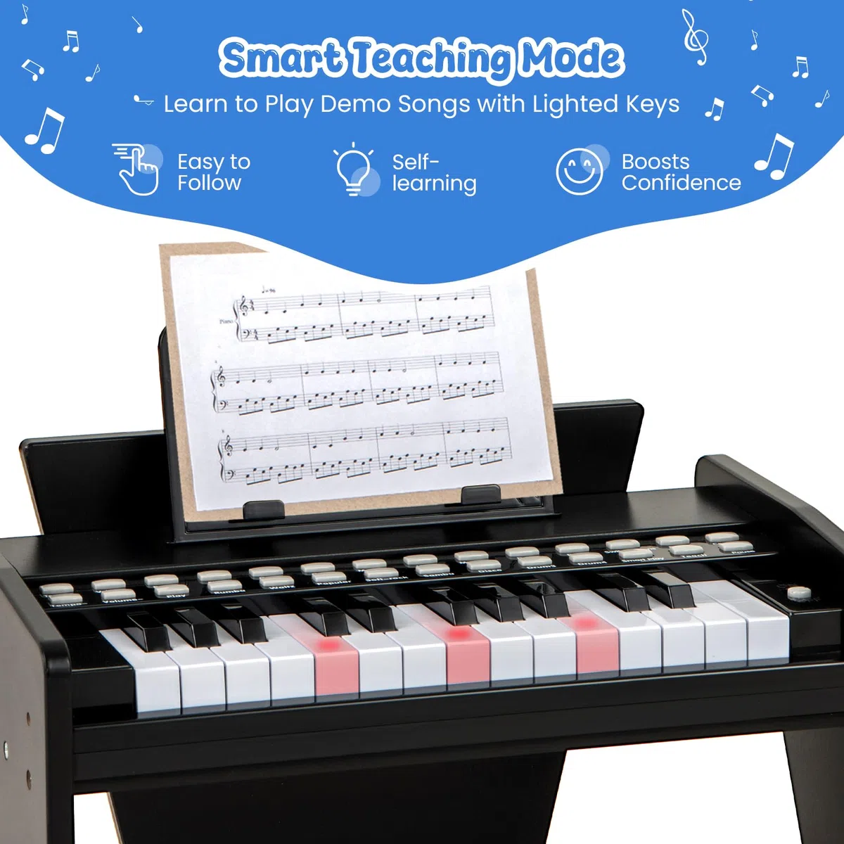 KOMFOTTEU Tastiera a 25 tasti per bambini, pianoforte elettronico con tasto luminoso e leggio, pianoforte digitale per bambini di 18+ mesi, registrazione e lettura, modalità di apprendimento (nero)