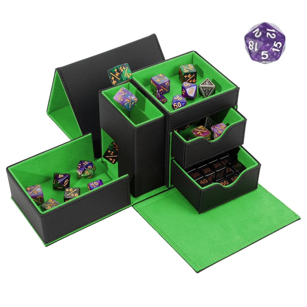 Torre per dadi e vassoio per dadi 3 in 1 custodia per dadi (torre di rotolamento, cassetti portaoggetti, vassoio per rollare), chiusura magnetica in pelle, accessori DND regali per RPG MTG