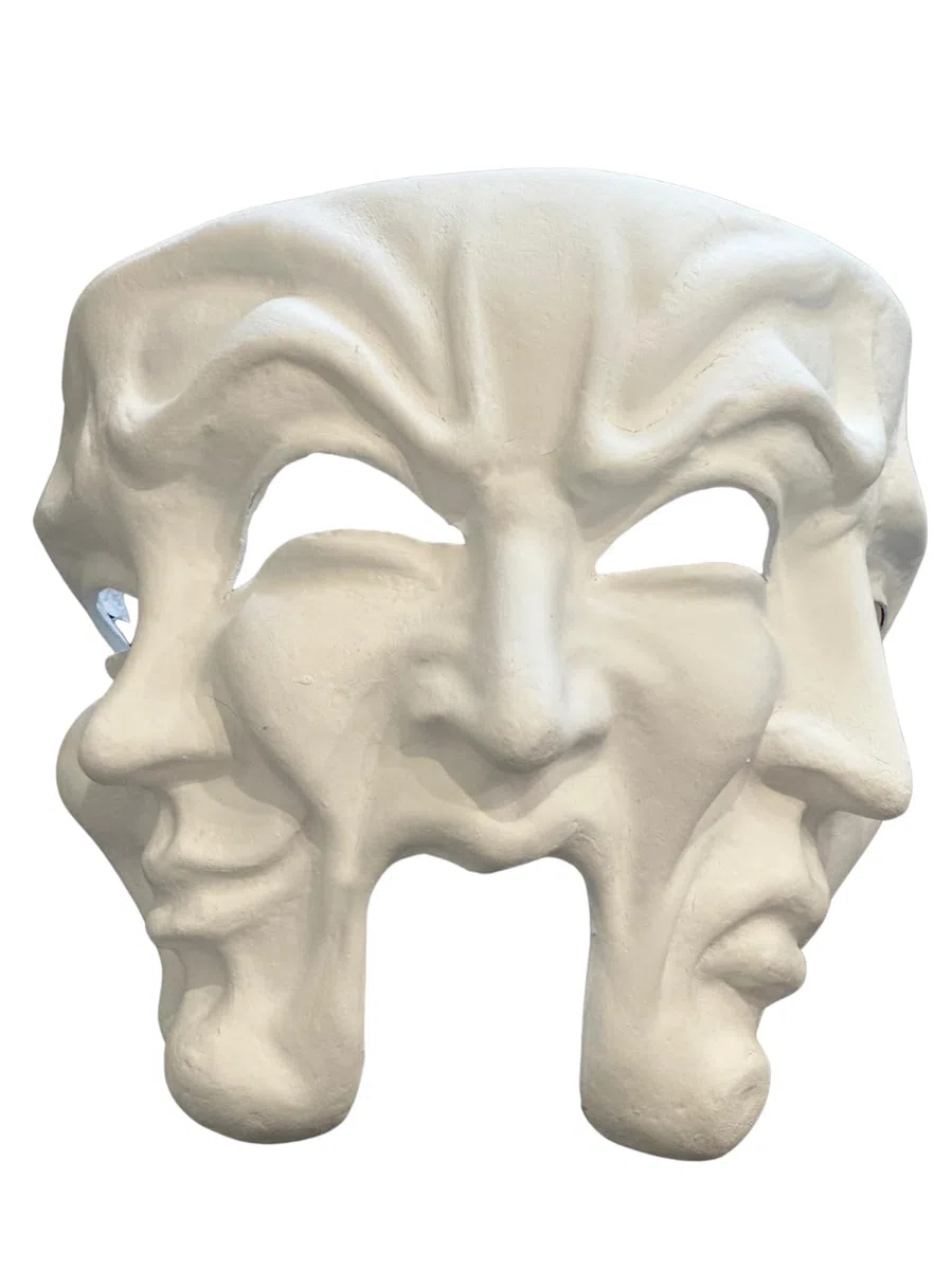 Maschera teatrale bianca vuota con 3 facce - Per decorare, dipingere e indossare.
