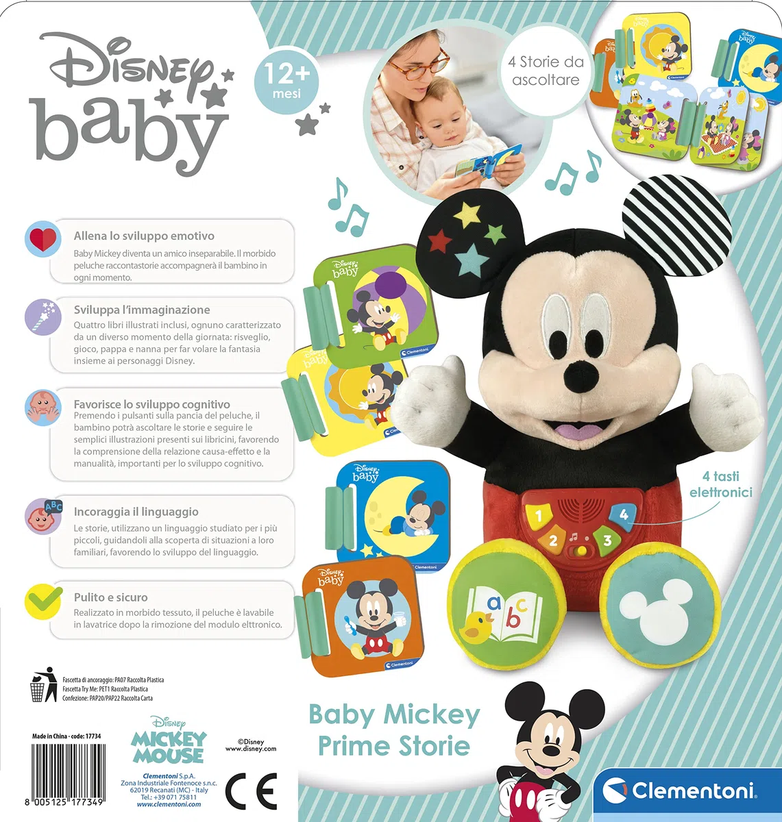Clementoni Baby - Disney Baby Mickey Prime Storie, Peluche Raccontastorie Interattivo per Bambini 12+ Mesi, con 4 Libricini Illustrati, 100% Lavabile, Lingua Italiana, 17734