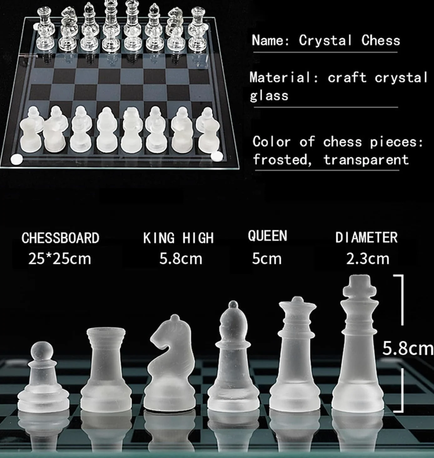 Set di scacchi in vetro fine – Scacchi in vetro massiccio e scacchiera a specchio in cristallo 25,4 x 25,4 cm, regalo per adolescenti e adulti, nero