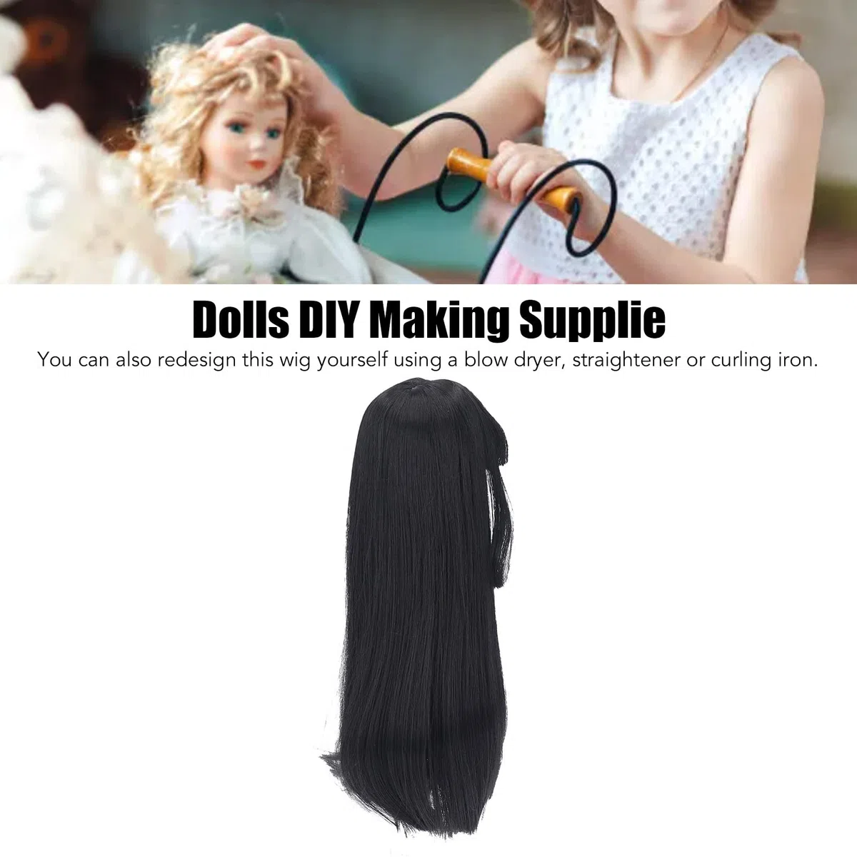 Zerodis 1/3 BJD - Parrucca per bambola SD, 21-24 cm, in seta naturale morbida ad alta temperatura, capelli lunghi e lisci mohair, con frangia per indossare parrucca per bambole BJD, colore nero fai