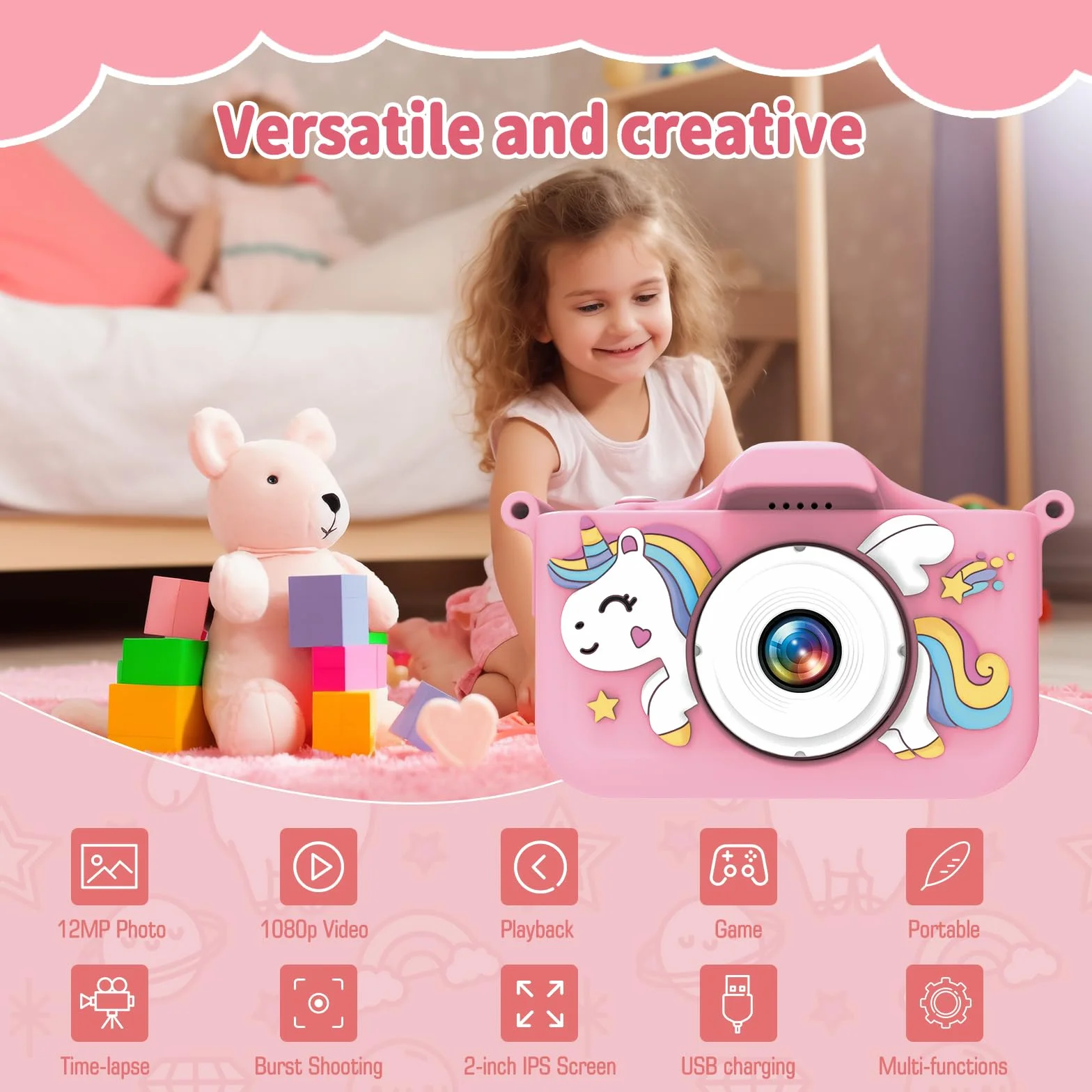 Macchina Fotografica Bambini Unicorno, con 32 GB Schede e Lettore di Schede USB, Fotocamera Giocattoli per Ragazze, Regali di Natale e Compleanno per Bambini dai 3 ai 12 Anni(Rosa)