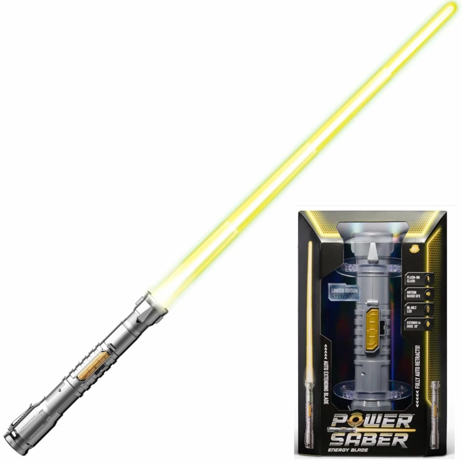 GOLIATH POWER SABER - Giallo - Spada laser per bambini e adulti dagli 6 anni - Estensibile e retrattile - Giocattolo laser luminoso realistico e sicuro - 30 cm/Aperto 89 cm - Scatola chiusa