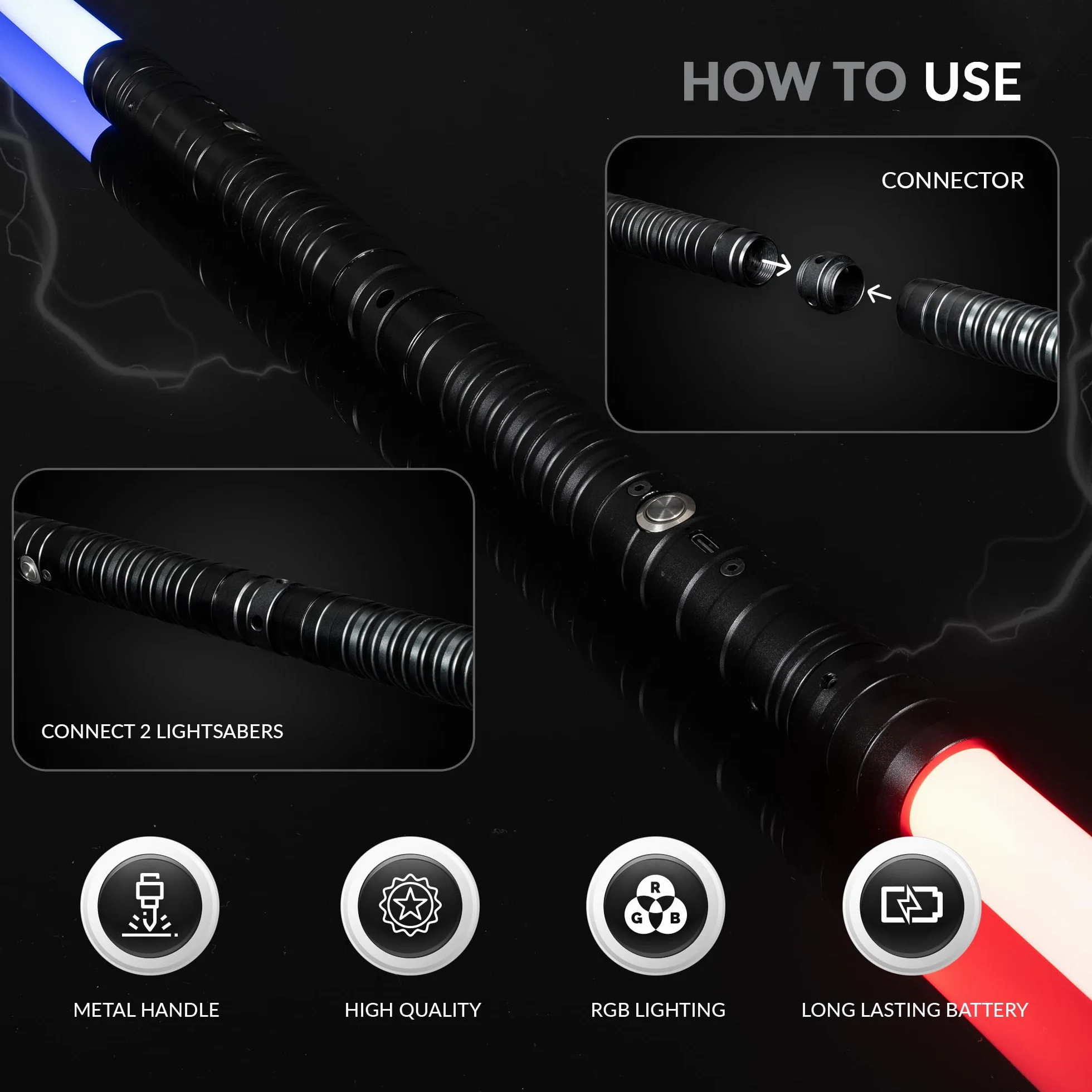 Spada Laser con Impugnatura in Metallo | Set di 2 Spade Laser Ricaricabili | Spada Laser da Combattimento con 15 Colori ed Effetti Sonori | Lightsaber a Doppia Lama (Nero)