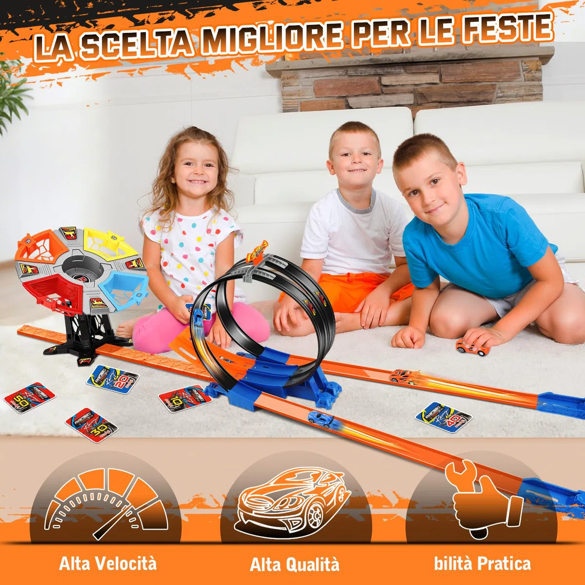 Charmofun Giocattolo Piste da Corsa, Circuito di Corse mit Pista Loop Rotante, Pista Slot per Bambini, Giocattolo da Corsa Regalo per Ragazzi 3 4 5 6+ anni