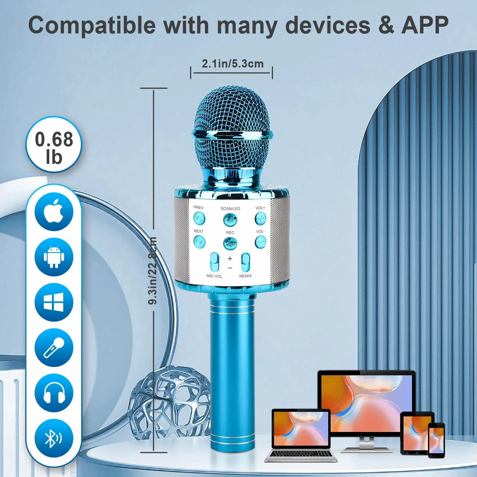 Microfono Karaoke Bluetooth Wireless 4 in 1 per Bambini, LED Portatile per Home KTV Compatibile Android iOS PC Blu