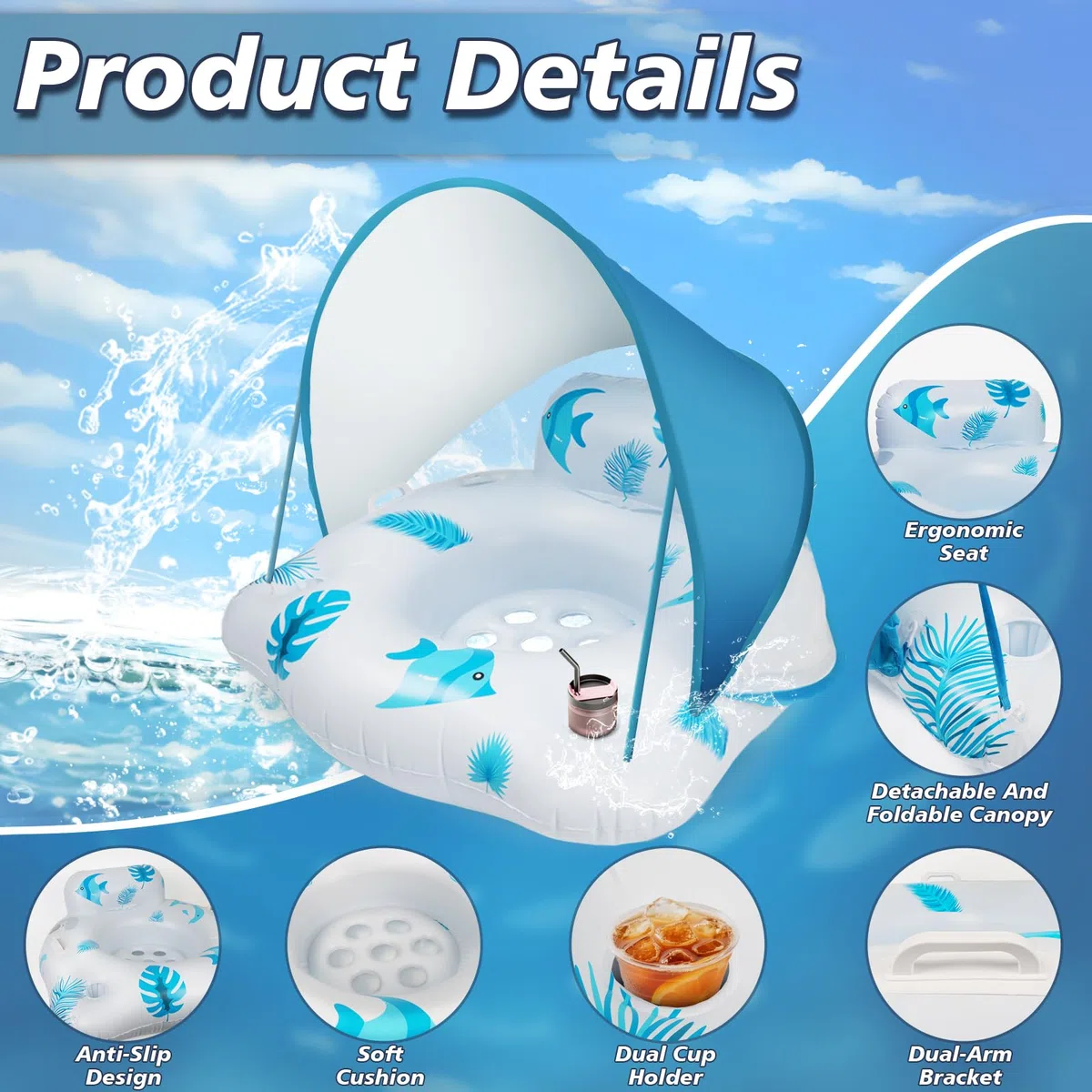 IEEILULU Gonfiabile Piscina Adulti, Sedia Galleggiante per Piscina con Parasole e Luci de Colore, Poltrona Gonfiabile Mare Piscina Giganti per Esterni, Spiagge, Laghi