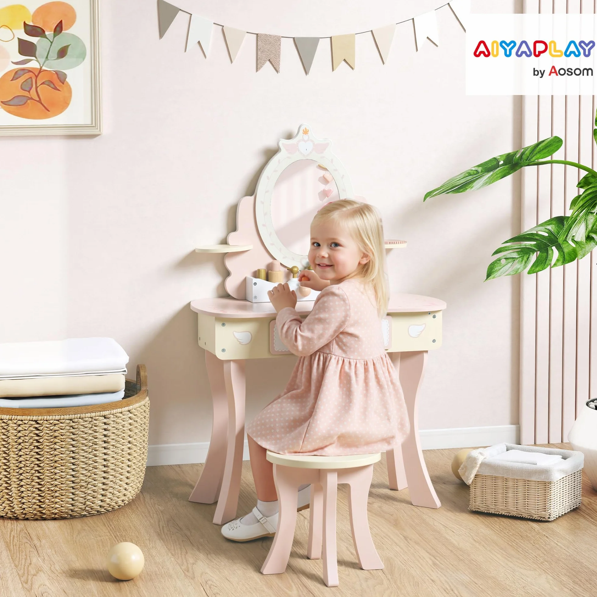 AIYAPLAY Set Toeletta con Specchio e Sgabello in Legno per Bambini, Tavolo da Trucco 2 in 1 Convertibile in Scrivania, 7 Accessori Inclusi, Rosa