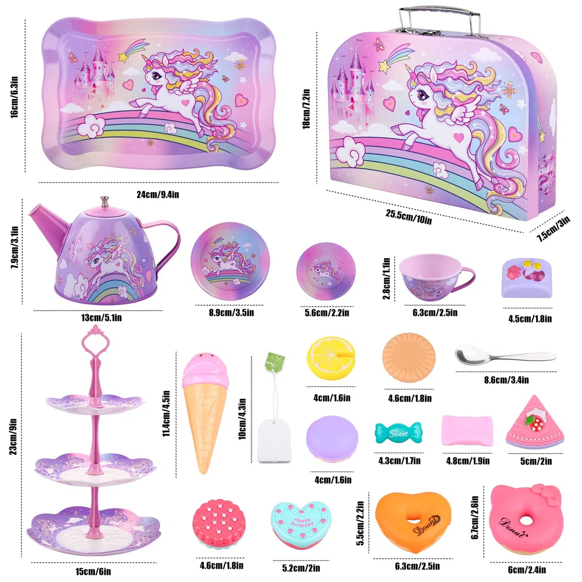 ARANEE Set da Tè Giocattoli Bambini Accessori Cucina Bambini Set da Tè in Latta Tea Party Finta di Giocare con Dessert Donut Giocattoli da Dessert Regalo per Bambina 3 4 5 6 7 8 Anno (Viola)