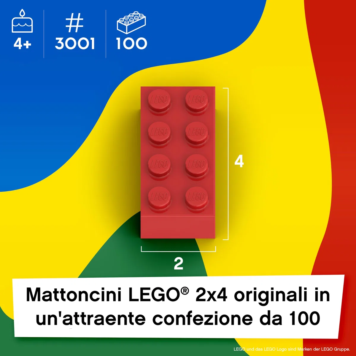 LEGO mattoncini misti 2x4, 100 mattoncini LEGO sfusi - Pezzi sfusi da 4 anni, set misto originali | BASIC Bricks (3001)