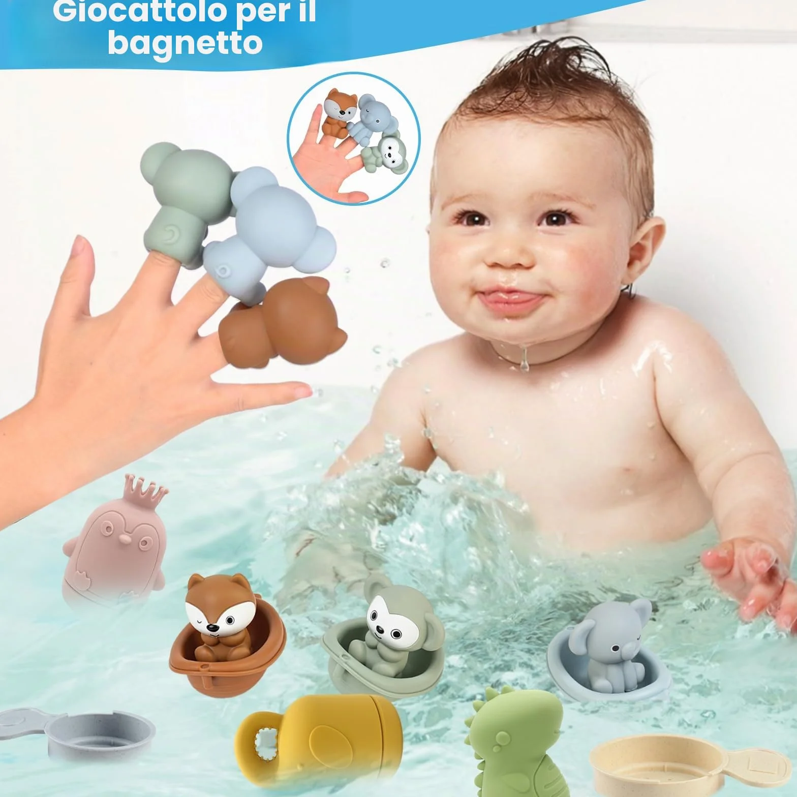 Giocattoli da Bagno Bambini, Giochi Bagnetto, Giocattoli Animali in Silicone con Barchette da Bagno Impilabili e Cucchiaio, Giochi Acqua Giocattolo Che Nuota Giochi Vasca da Bagno Bambini 1 2 3 4 Anni