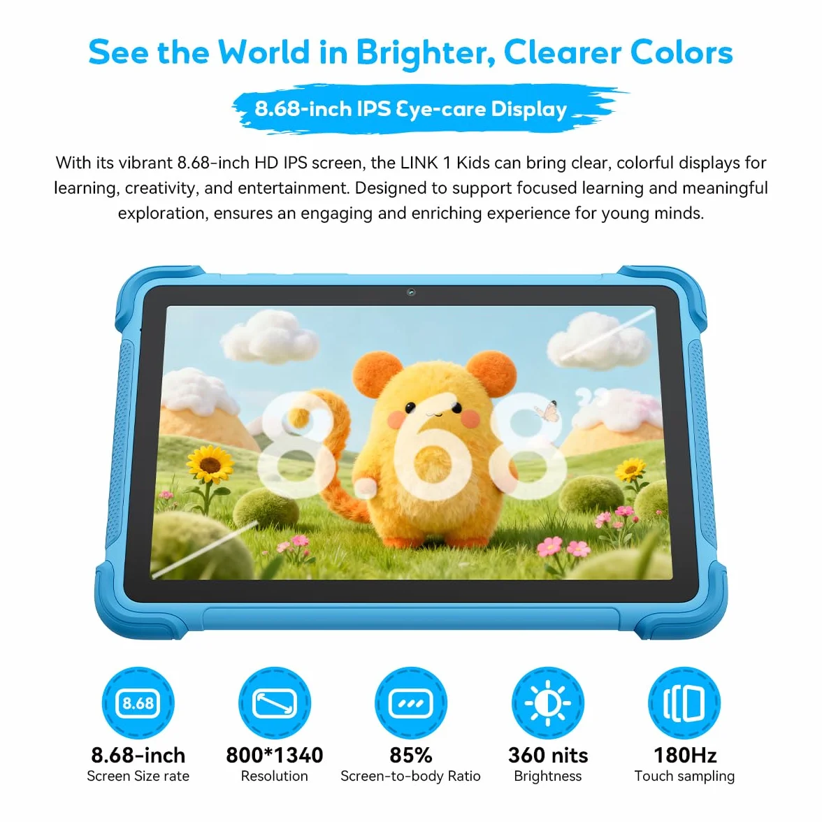 Blackview Link 1 Kids, Tablet per Bambini Android 16 AI, 12GB+64GB(2TB Esterno), 3 Assistenti AI Intelligenti, 8,68'' HD+, 5MP+8MP, Google Kids Space+Controllo Genitori, Doppi Altoparlanti BOX, Blu