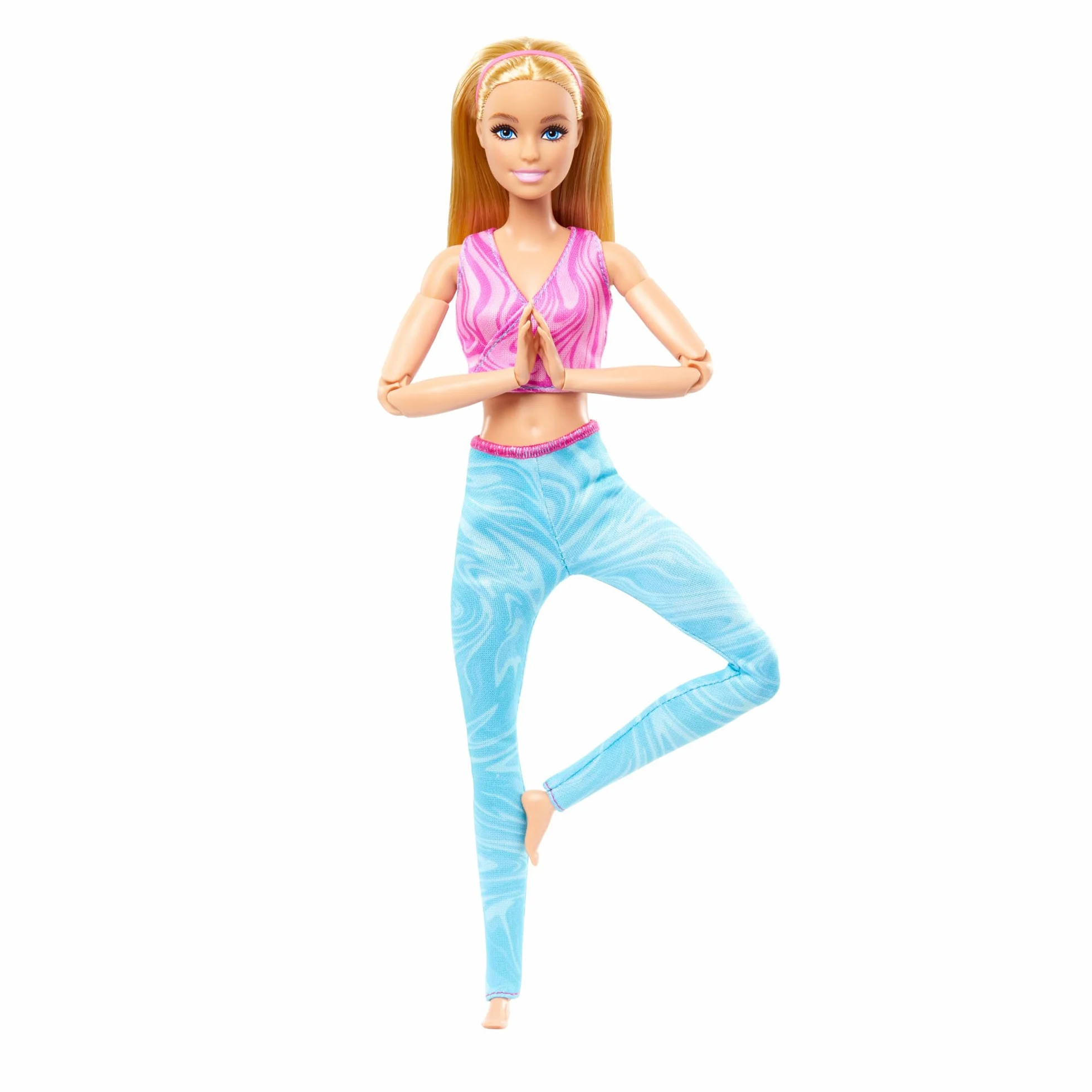 Barbie - Bambola Made to Move, snodata e con articolazioni mobili, capelli biondi con top sportivo rosa e pantaloni blu da yoga, giocattolo per bambini, 3+ anni, HRH27