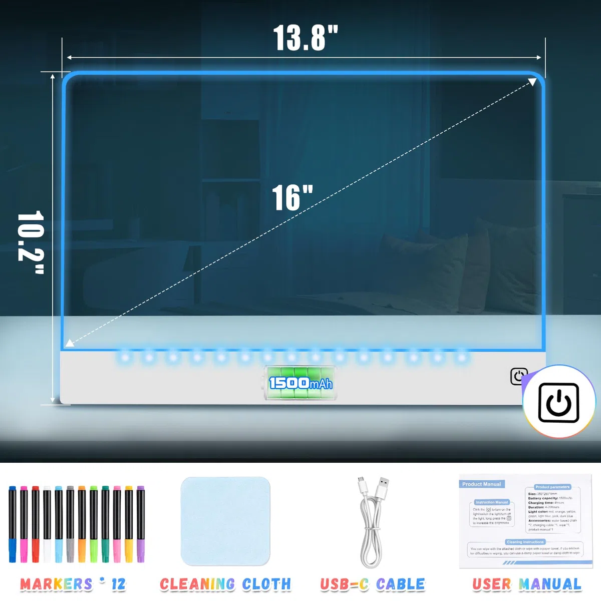 Lavagna da disegno a LED ricaricabile per bambini, 40,6 cm, portatile, con 7 colori, lavagna luminosa in acrilico cancellabile a secco con supporto, regalo di Pasqua, ragazzi e regali di compleanno