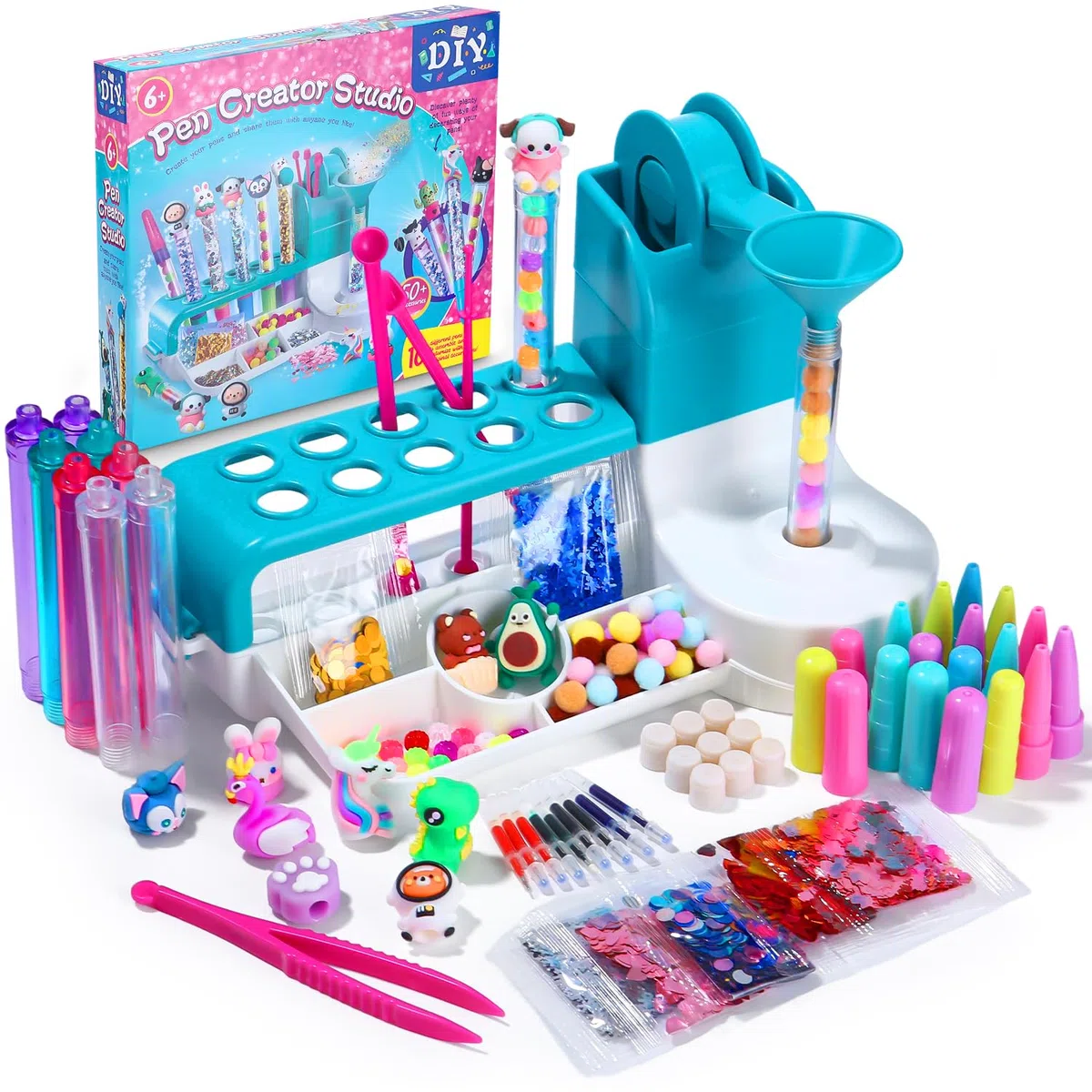 Set di penne fai da te per bambini dai 6 anni in su, con 50 accessori per 10 penne personalizzate (glitter, piume, personaggi), set creativo come regalo per compleanno dei bambini e inizio della