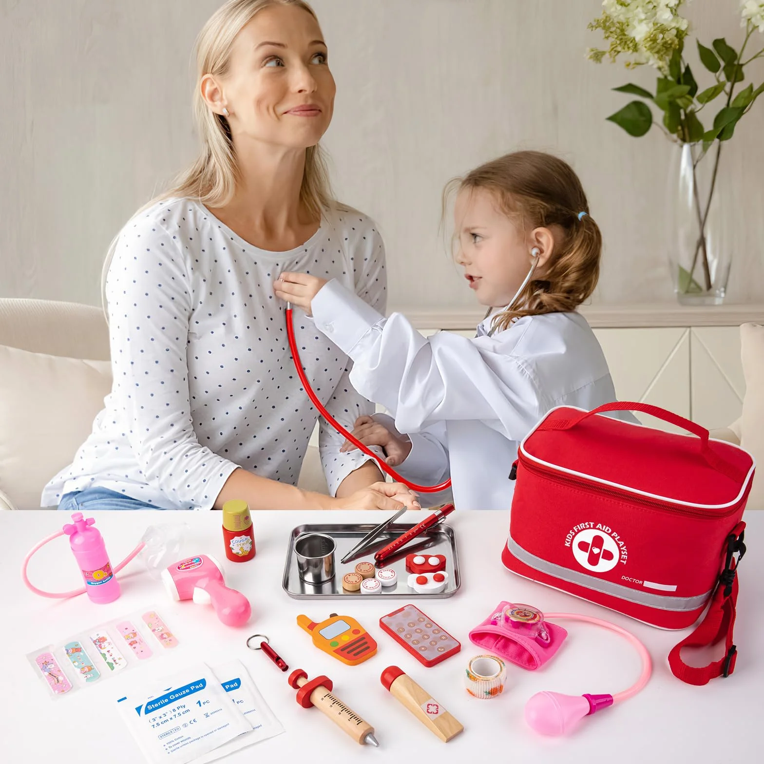 EFO SHM 34 Pezzi Kit Medico per Bambini con Vero Stetoscopio e Camice - Valigetta Dottore Portatile, Gioco di Ruolo Interattivo, Idea Regalo 3 4 5 6 Anni