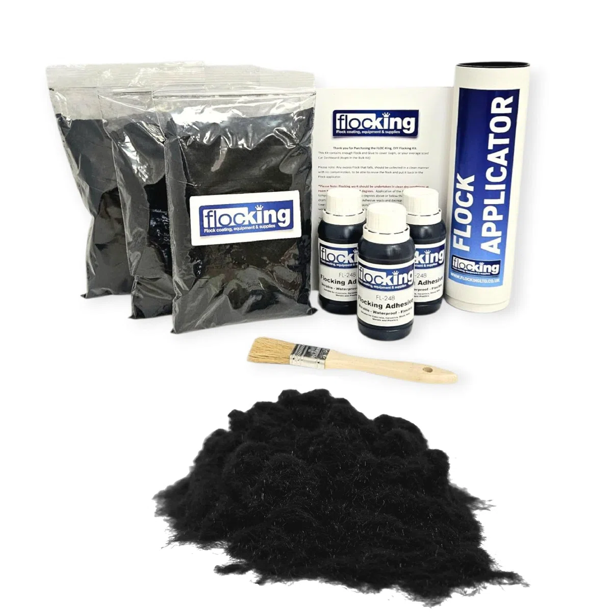 FLOC-KING Kit di floccaggio da 3 pezzi, set completo di applicazioni floccate fai da te, cruscotti, progetti artigianali, modellismo, include fibre floccate di nylon, adesivo floccato, applicatore per