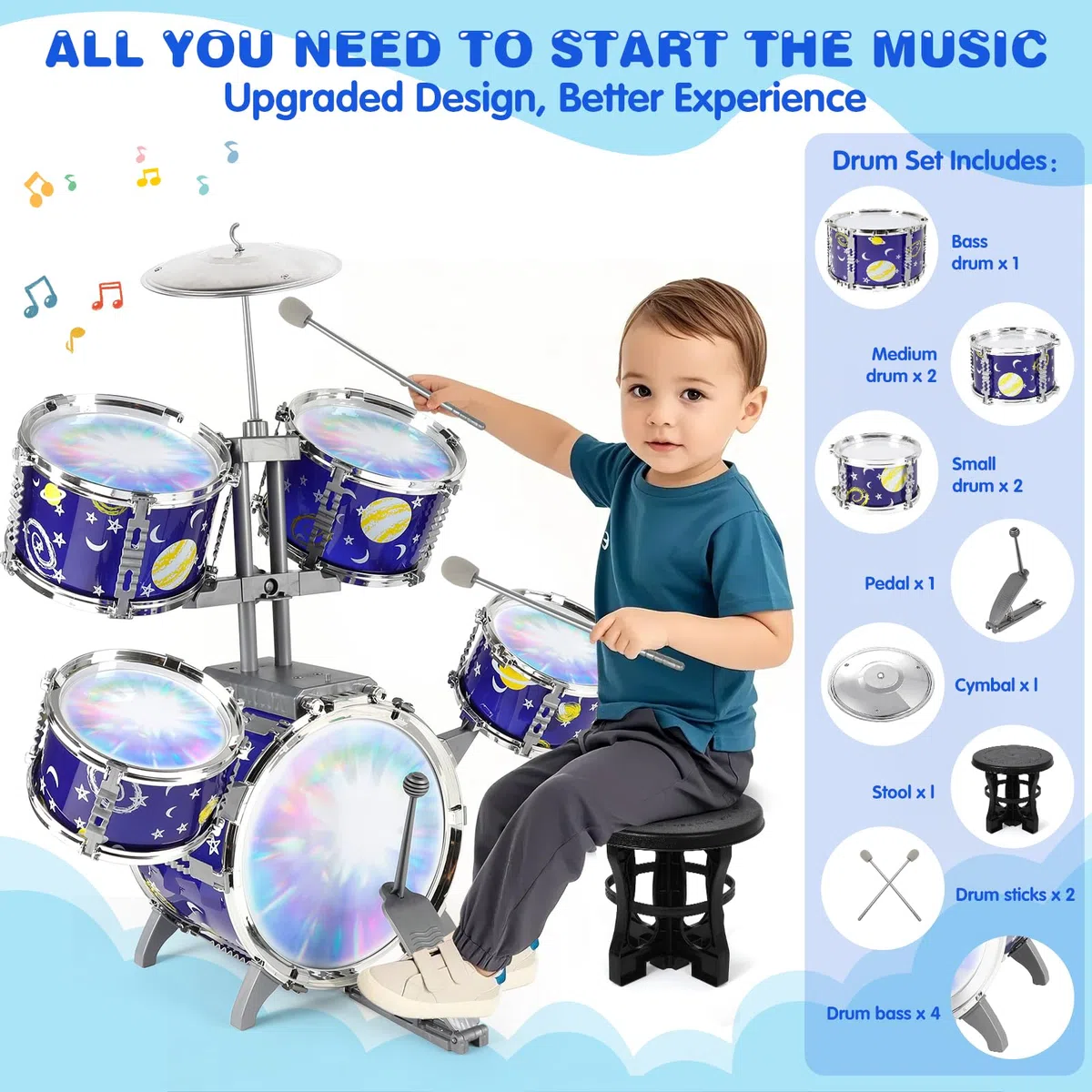 Batteria Giocattolo per Bambini Jazz Drum Kit, Giocattoli musicali luminosi per 3 4 5 Anni, Toddler Drum Set con sgabello 5 Tamburi Strumenti Musicali a Percussione per Ragazzi Ragazze