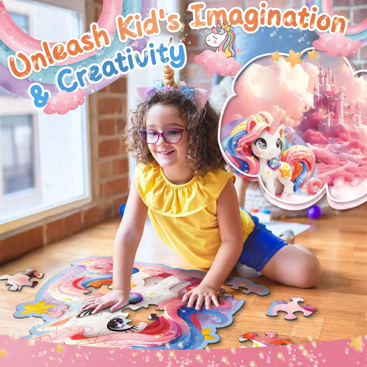 Kiztoys Puzzle da pavimento unicorno giocattolo per ragazze – regalo unicorno per bambini 3 4 5 6 7 8 anni, 45 pezzi grande puzzle rosa giocattolo dai 3 agli 8 anni in su