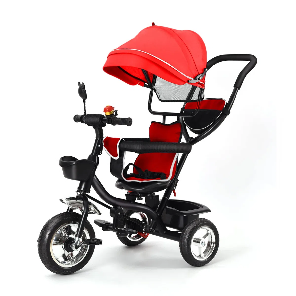 Triciclo per bambini evolutivo con sedile reversibile, triciclo a spinta per ragazze e ragazzi, tettoia+grande armatura+barra di spinta regolabile (grande rosso)