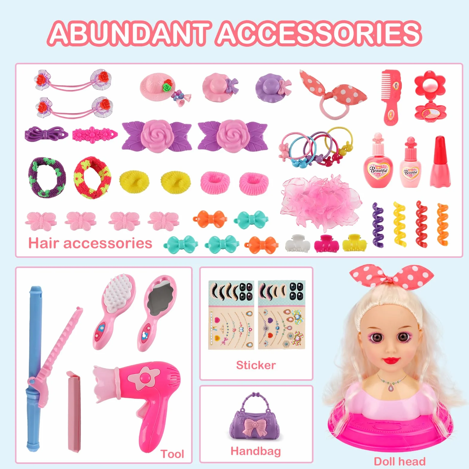 deAO Bambola testa parrucchiere per bambini, testa di bambola styling con asciugacapelli, testa di parrucchiere per bambole da principessa, accessori per capelli e trucchi, giocattolo per ragazze per