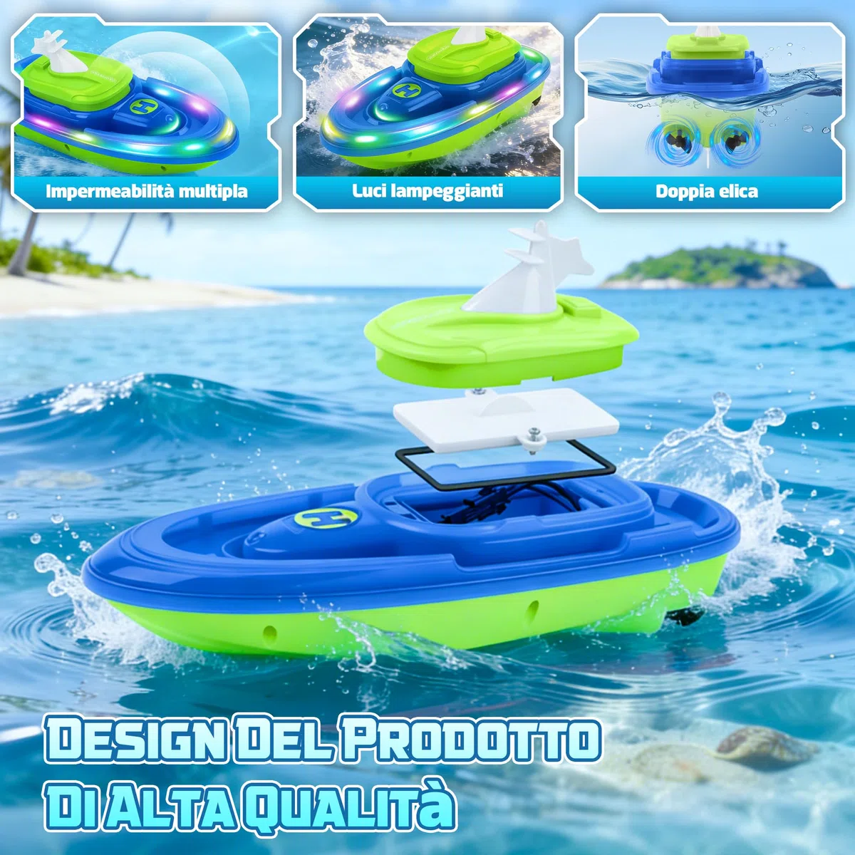 FORMIZON Barca Telecomandata, Motoscafo Telecomandato con Spruzzi d'Acqua, Barca Radiocomandata con Luce e Funzione Rotante a 360 Gradi per Piscine e Laghi (Blu)