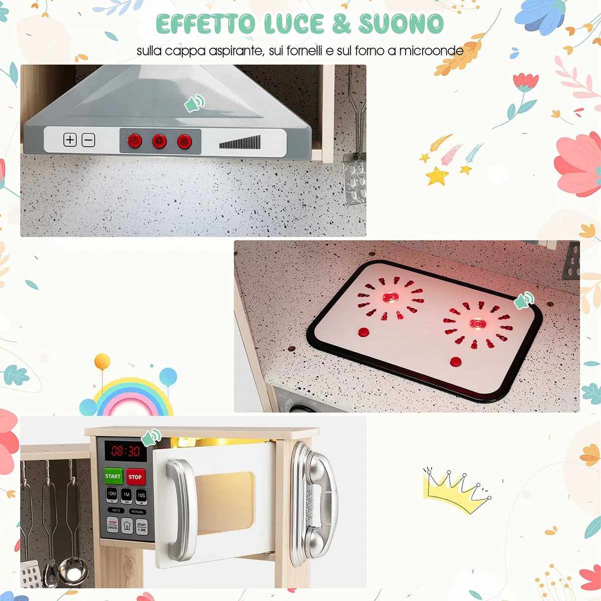 COSTWAY Cucina Giocattolo Legno per Bambini con Macchina del Ghiaccio, Telefono, Lavatrice, Forno, Microonde, Lavello e Rubinetto, Funzione Luci e Suoni, 3+ Anni
