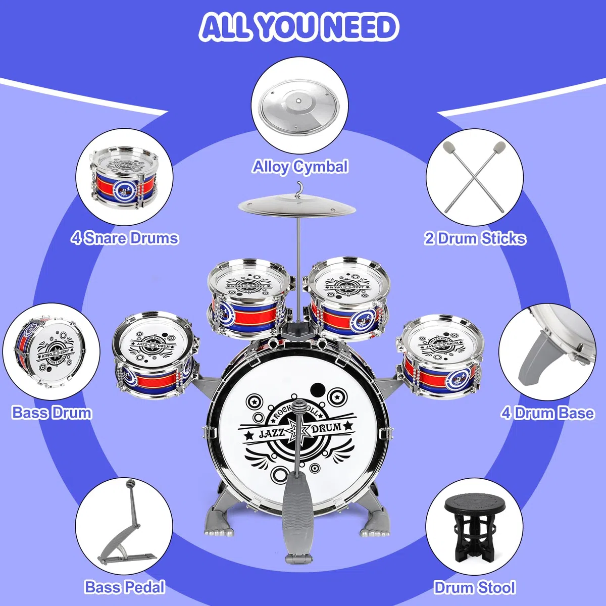 Batteria per Bambini, 5 Tamburis Bambini, 8 Pezzi Tamburi Strumenti Musicali Percussione, Batteria Musicale Bambini Junior Drum Set Compleanno Natale Educativo Regalo 3 4 5 6+ anni Ragazze Ragazzi