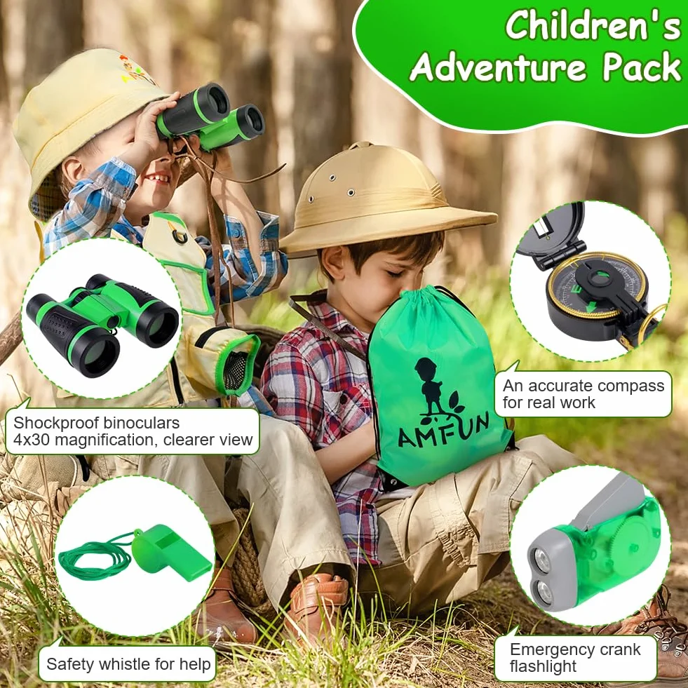 25 Pezzi Kit Esploratore da Esterno per Bambini, Binocolo Giocattolo per Bambini, Torcia, Lente d'Ingrandimento, Zaino