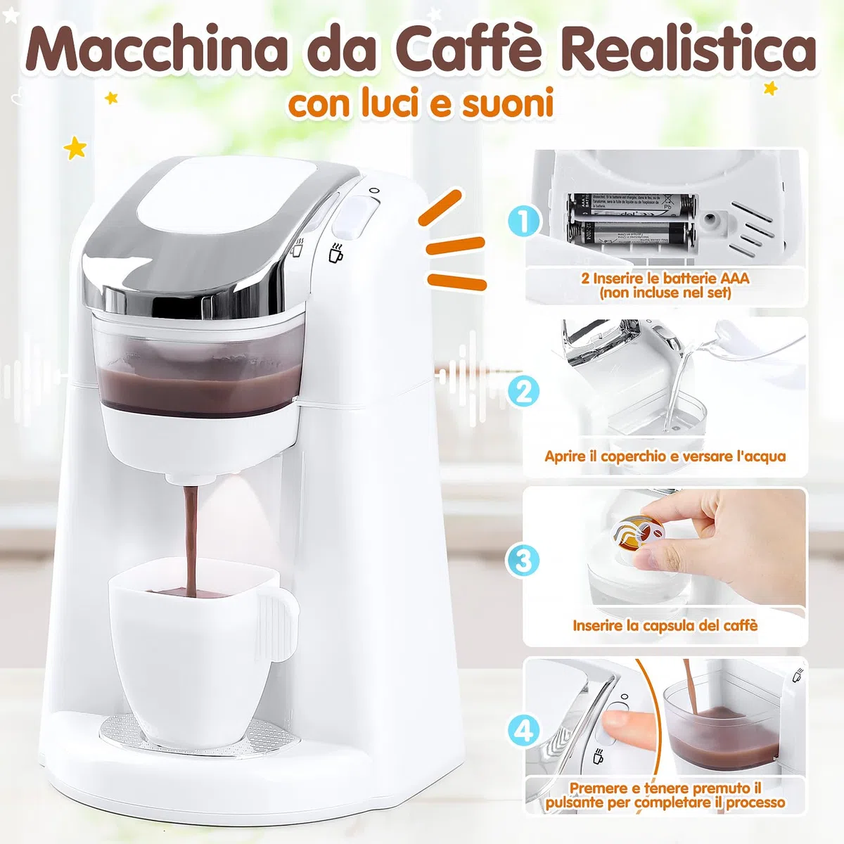 PLAY Cucina Giocattolo per Bambini con Macchina Caffè, Mixer, Tostapane con Luci e Suoni Realistici, Set di Elettrodomestici Cucina Regalo per Bambini 3+ Anni (Bianco)