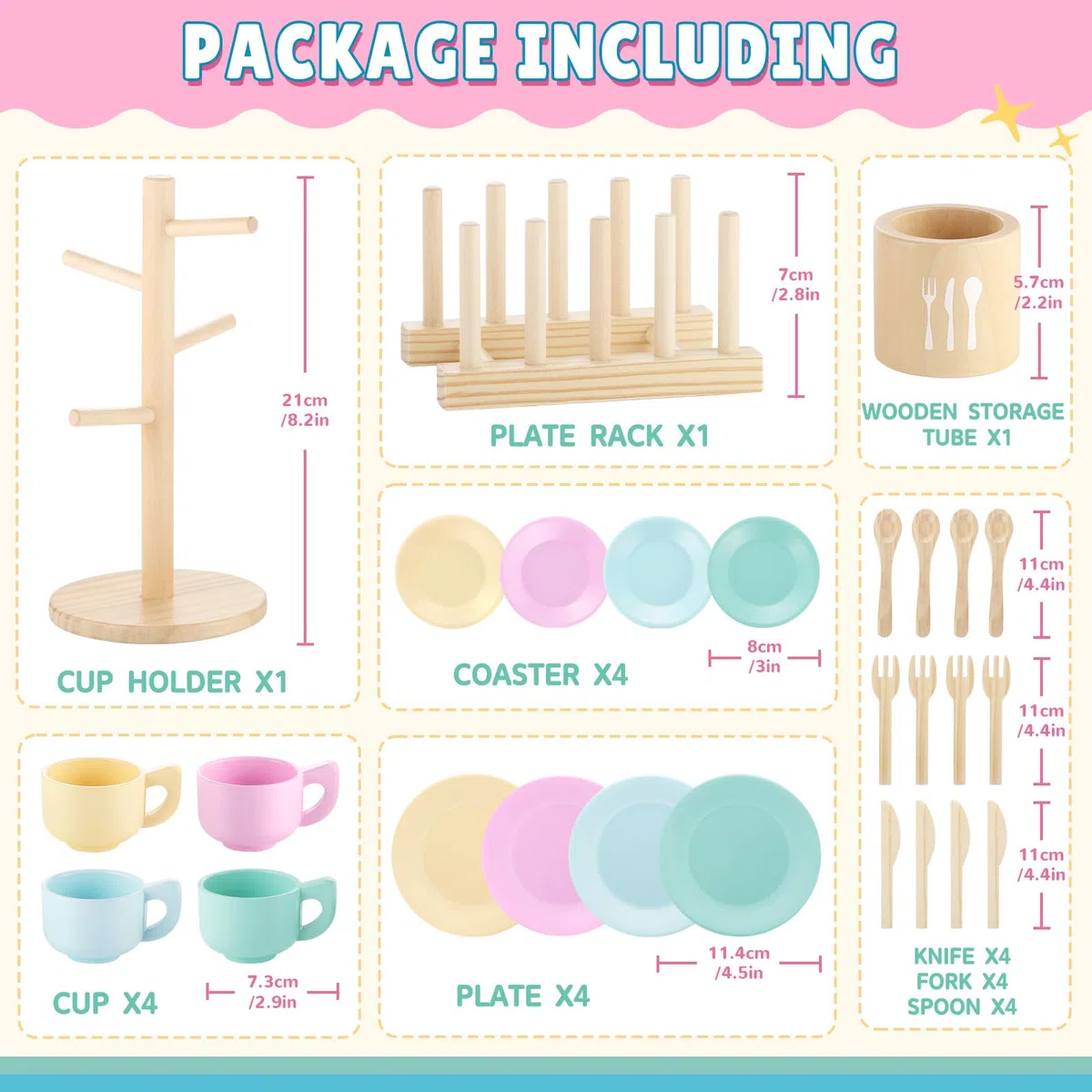 GAGAKU Set di stoviglie da cucina per bambini, 27 pezzi, servizio da tè per bambini, in legno, con supporto, giocattolo Montessori per bambini 3-5 anni, giocattolo educativo per giochi di ruolo
