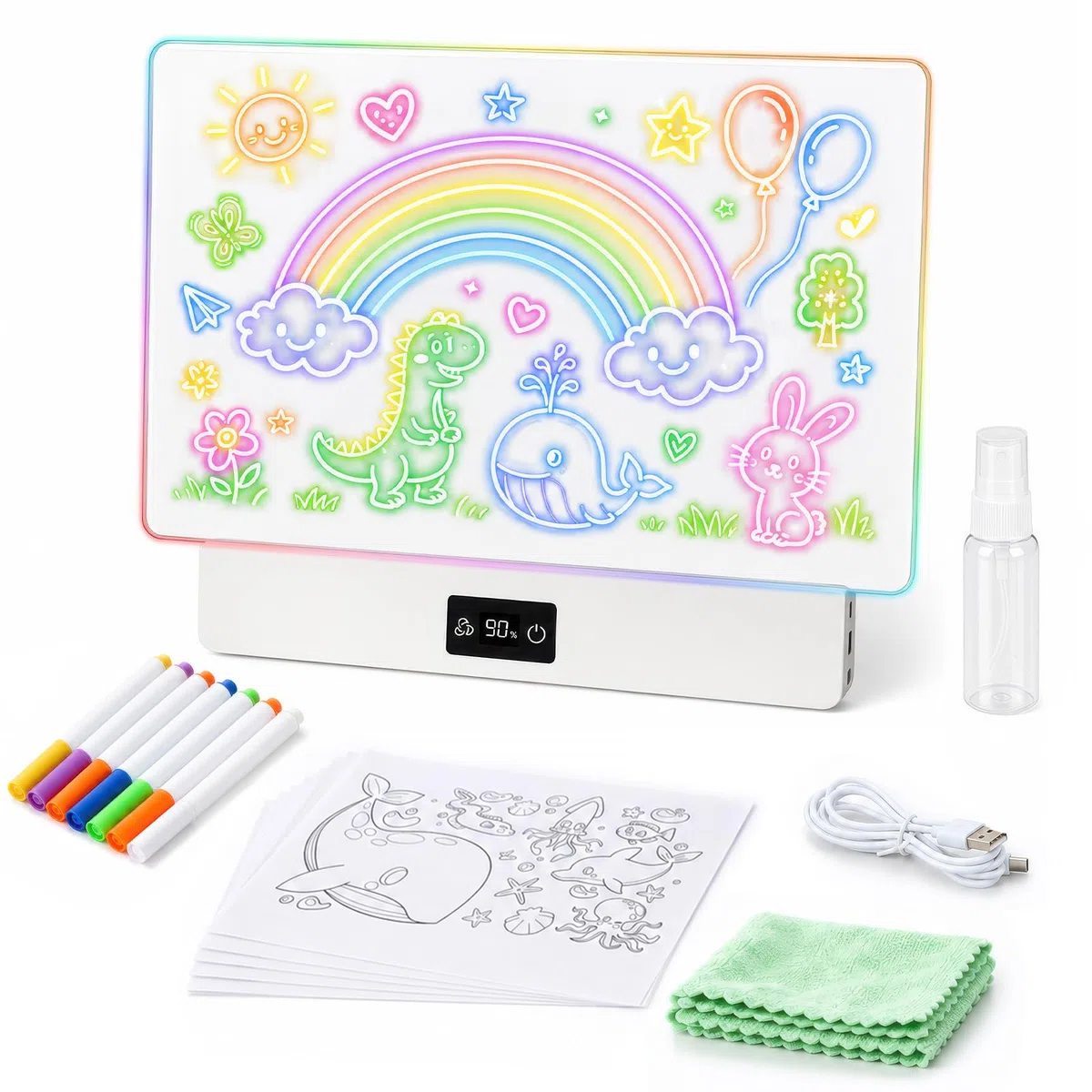 OUTON Lavagna Luminosa LED Bambini con 8 Colori e 3 Modalità di Luce, Tavoletta da Disegno Riutilizzabile con 7 Pennarelli e Modelli, Gioco Creativo per Bambina e Bambino, USB-C