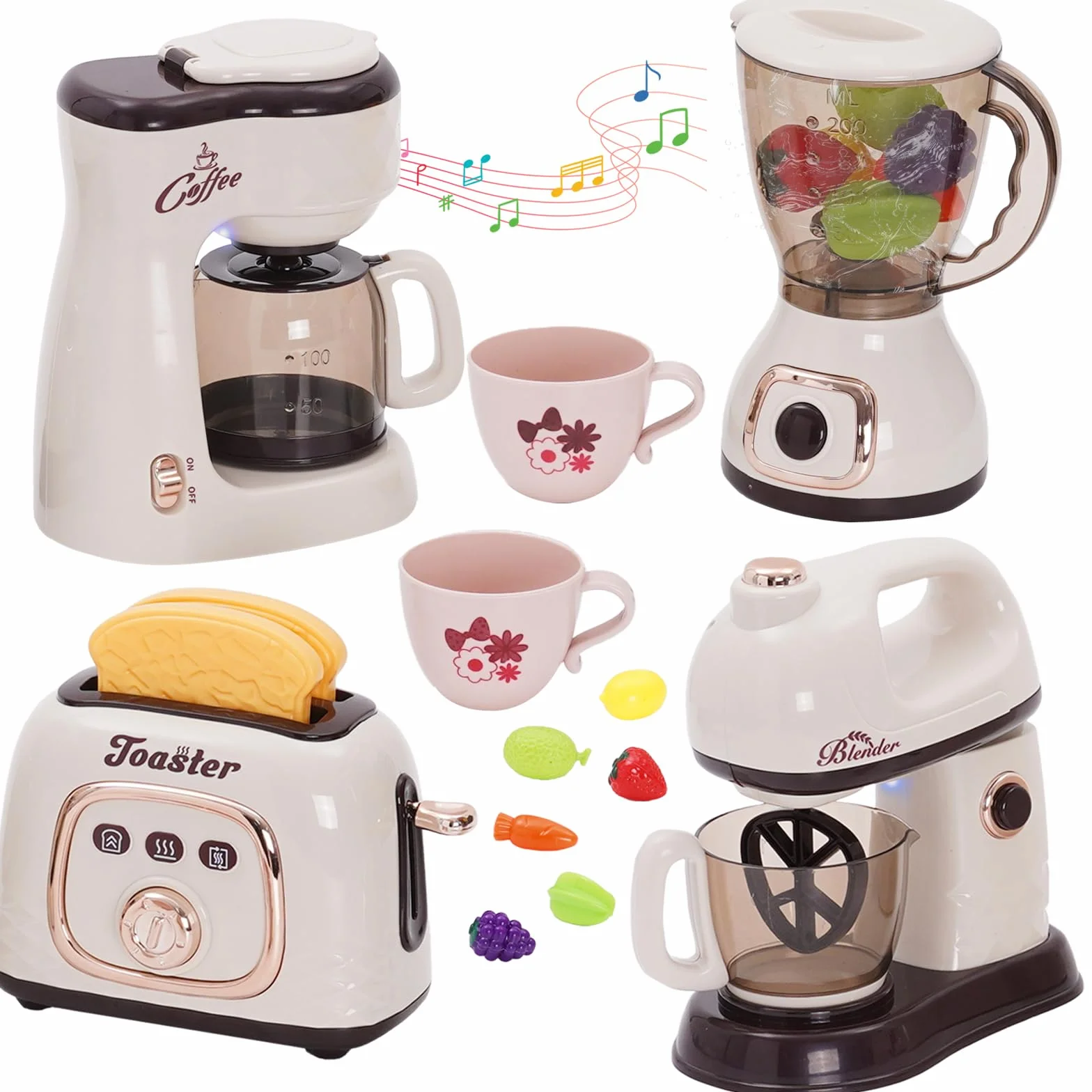 Accessori Cucina Bambini, Set di Elettrodomestici da Cucina Giocattolo per Bambini, Macchina da Caffè, Frullatore, Mixer, Tostapane con Luci e Suoni, Gioco di Ruolo Regalo per Ragazzi e Ragazze 3+Anni