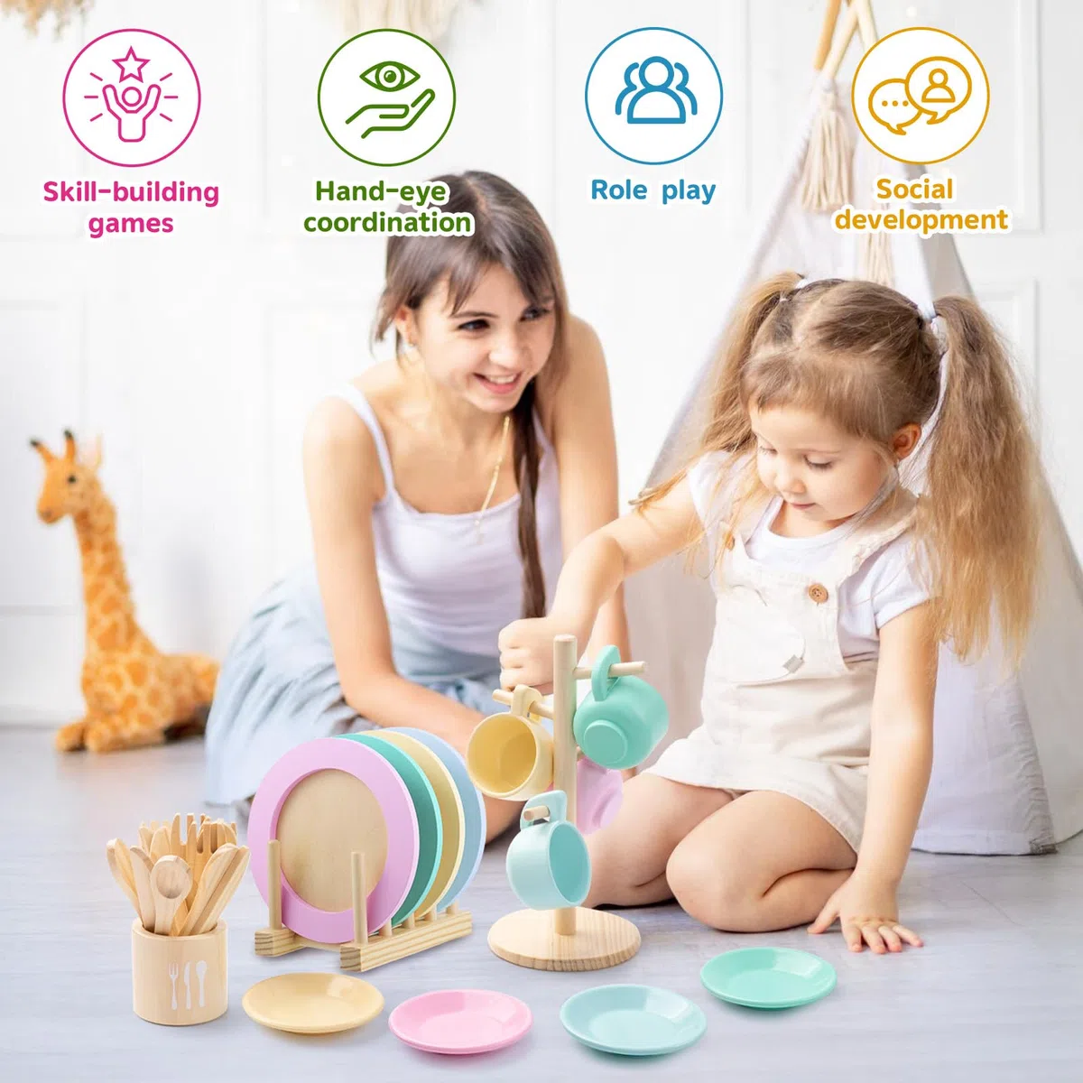 GAGAKU Set di stoviglie da cucina per bambini, 27 pezzi, servizio da tè per bambini, in legno, con supporto, giocattolo Montessori per bambini 3-5 anni (ultima versione)
