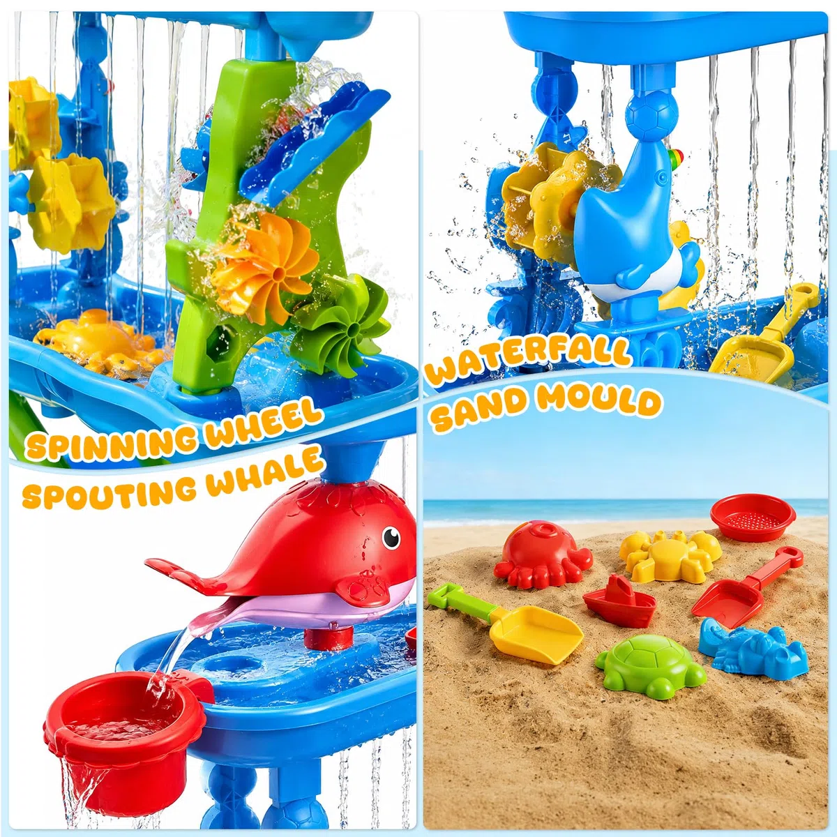 4 Livelli Tavolo Acqua e Sabbia per Bambini ,4 In 1 Tavolo D'acqua Bambini All'aperto con Accessori da Spiaggia(Stampo per Sabbia,Paletta,Annaffiatoio) per Spiaggia,Giardino e All'aperto,per 3+ Anni