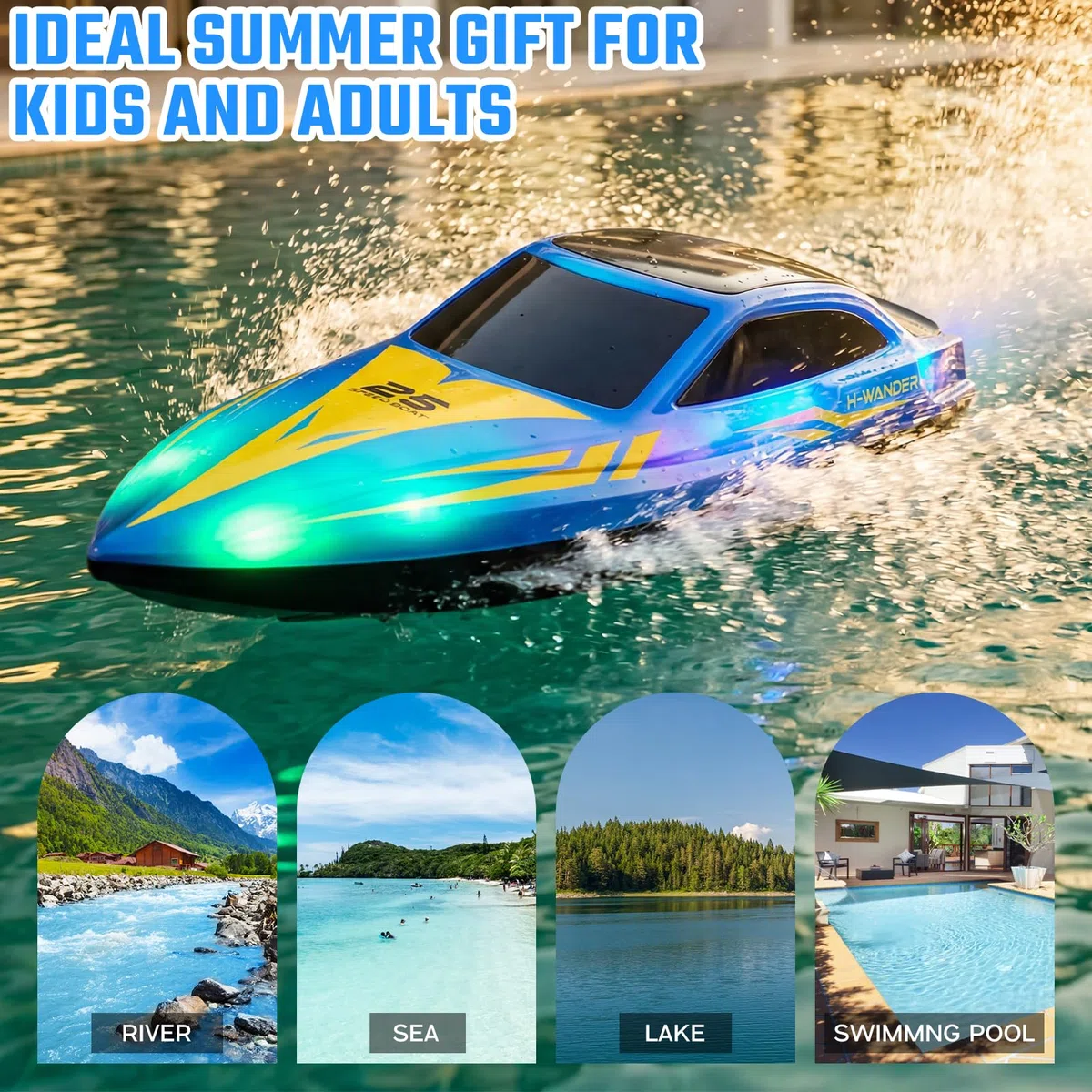 RC Barca Telecomandata Veloce 15 km/h, 2 Ore di Autonomia, Auto-Raddrizzante, 2.4GHz, Luci LED, Impermeabile per Piscina e Lago, Giocattolo Barca da Corsa 26cm per Bambini e Adulti