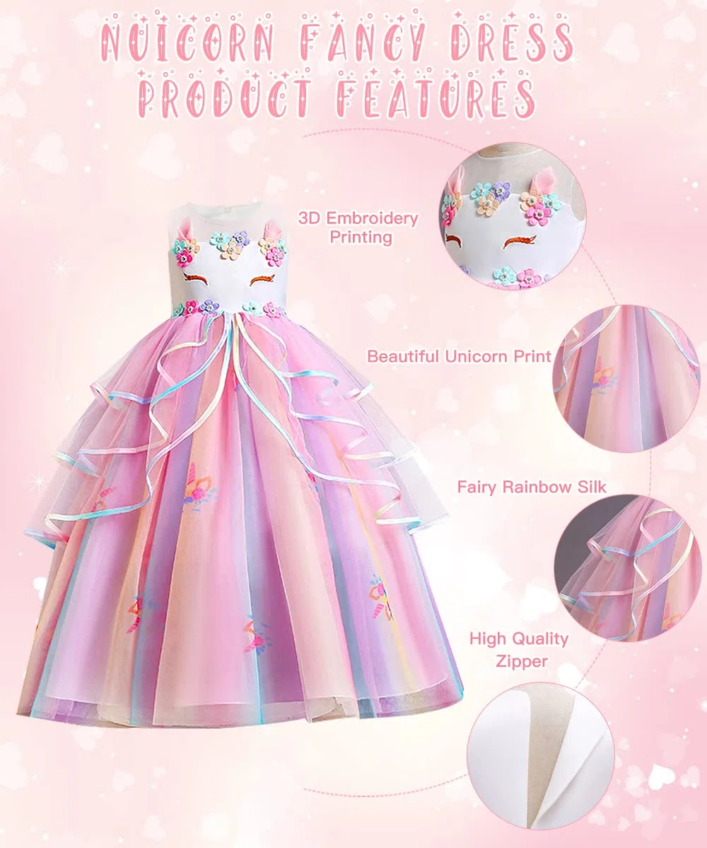 TOLOYE Vestito Principessa Bambina, Principessa Vestiti con Collana Set, Costume da Cosplay Unicorno Bambina Ragazza,Vestito Fantasia per Halloween Carnevale Cosplay Compleanno Natale Festa